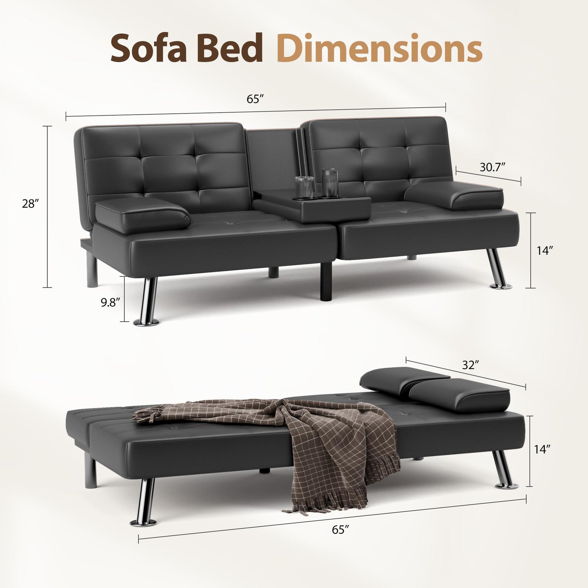 Shahoo Convertible Folding Futon Sofa Bed Sleeper Couch for Living Room Faux Leather Upholstered Loveseat w/Removable Armrests, Metal Legs, 2 Cup Holders, Black.