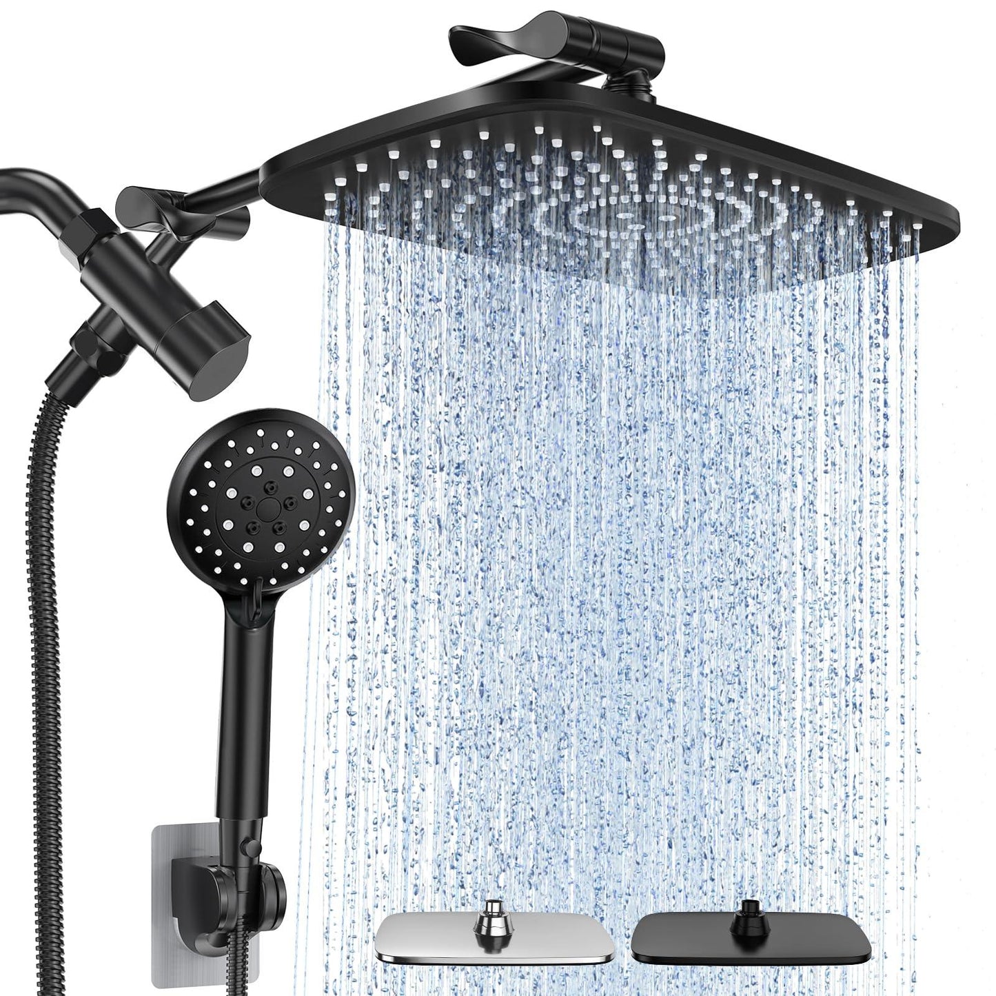 Veken High Pressure Rain Shower Head Combo with Extension Arm- Wide Showerhead with 6 Handheld Water Spray - Adjustable Dual Showerhead with Anti-Clog Nozzles - Silver Chrome.