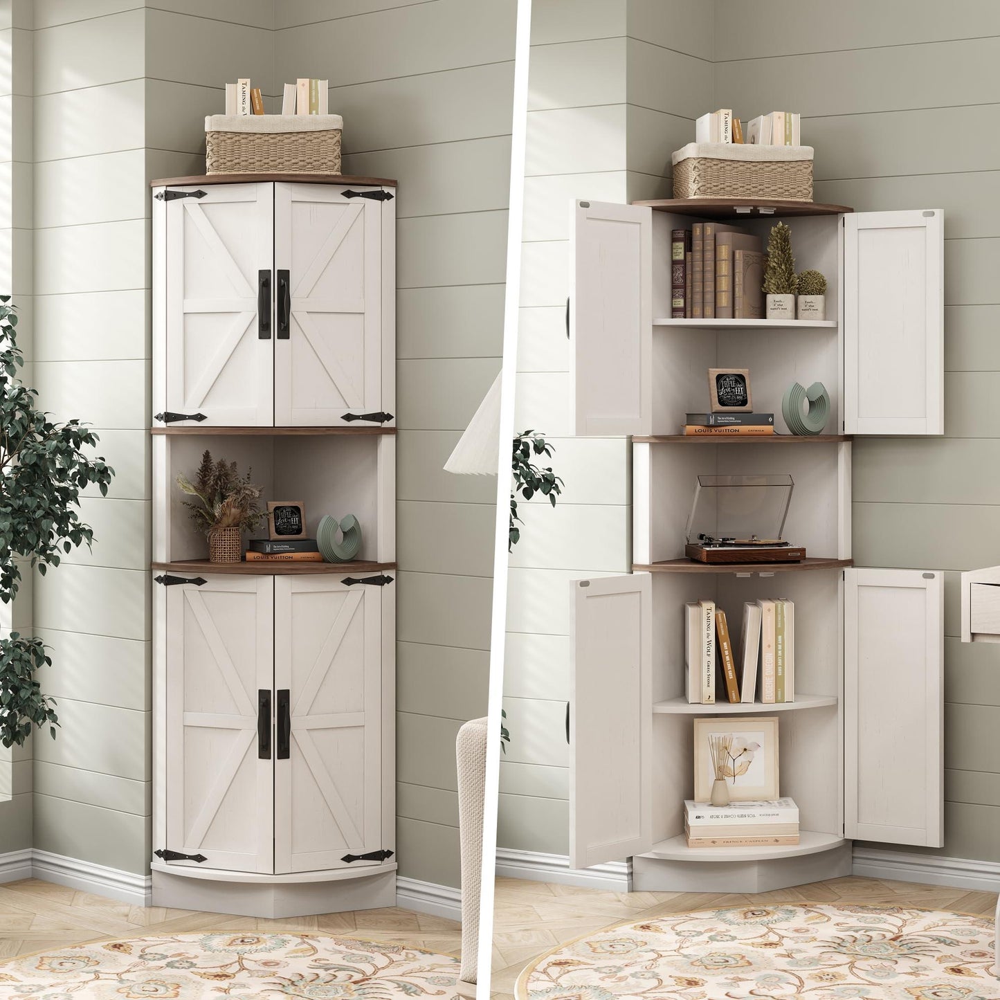 Vabches 64.8" Tall Farmhouse Corner Cabinet with 4 Doors and 5 Storage Shelves, Farmhouse Storage Cabinet with Barn Door Design, Home Space Saver for Living Room, Kitchen, Laundry Room,White.