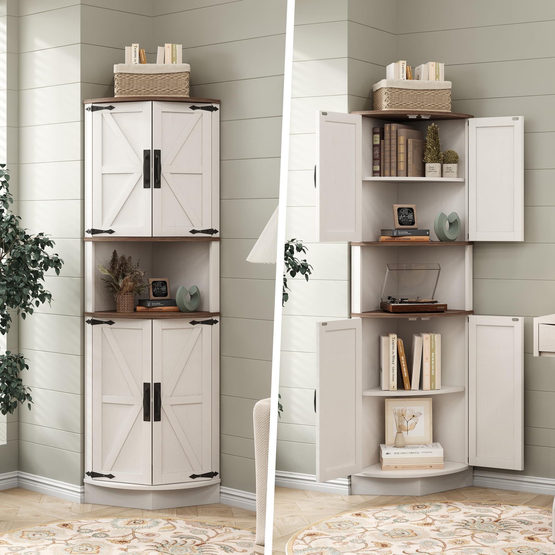 Vabches 64.8" Tall Farmhouse Corner Cabinet with 4 Doors and 5 Storage Shelves, Farmhouse Storage Cabinet with Barn Door Design, Home Space Saver for Living Room, Kitchen, Laundry Room,White.