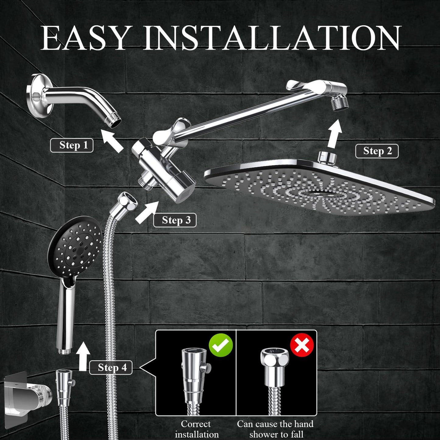 Veken High Pressure Rain Shower Head Combo with Extension Arm- Wide Showerhead with 6 Handheld Water Spray - Adjustable Dual Showerhead with Anti-Clog Nozzles - Silver Chrome.