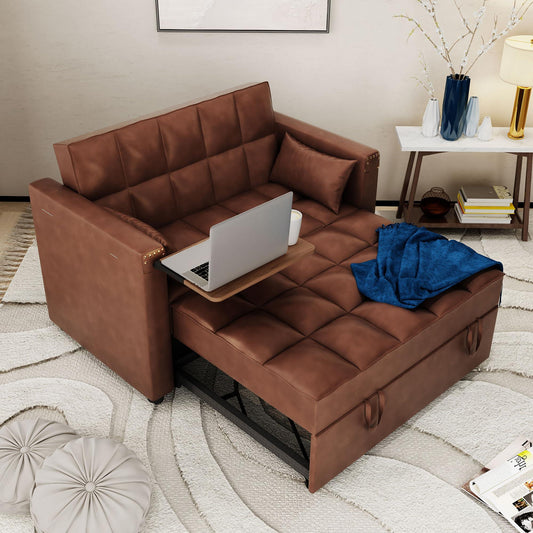 ORRD Convertible Sofa Bed, 3-in-1 Multi-Functional Faux Leather Sleeper Couch Pull-Out Bed, 48'' Loveseat Bed Chaise Lounge with Adjustable Backrest and Hidden Side Table for Living Room, Small Space.