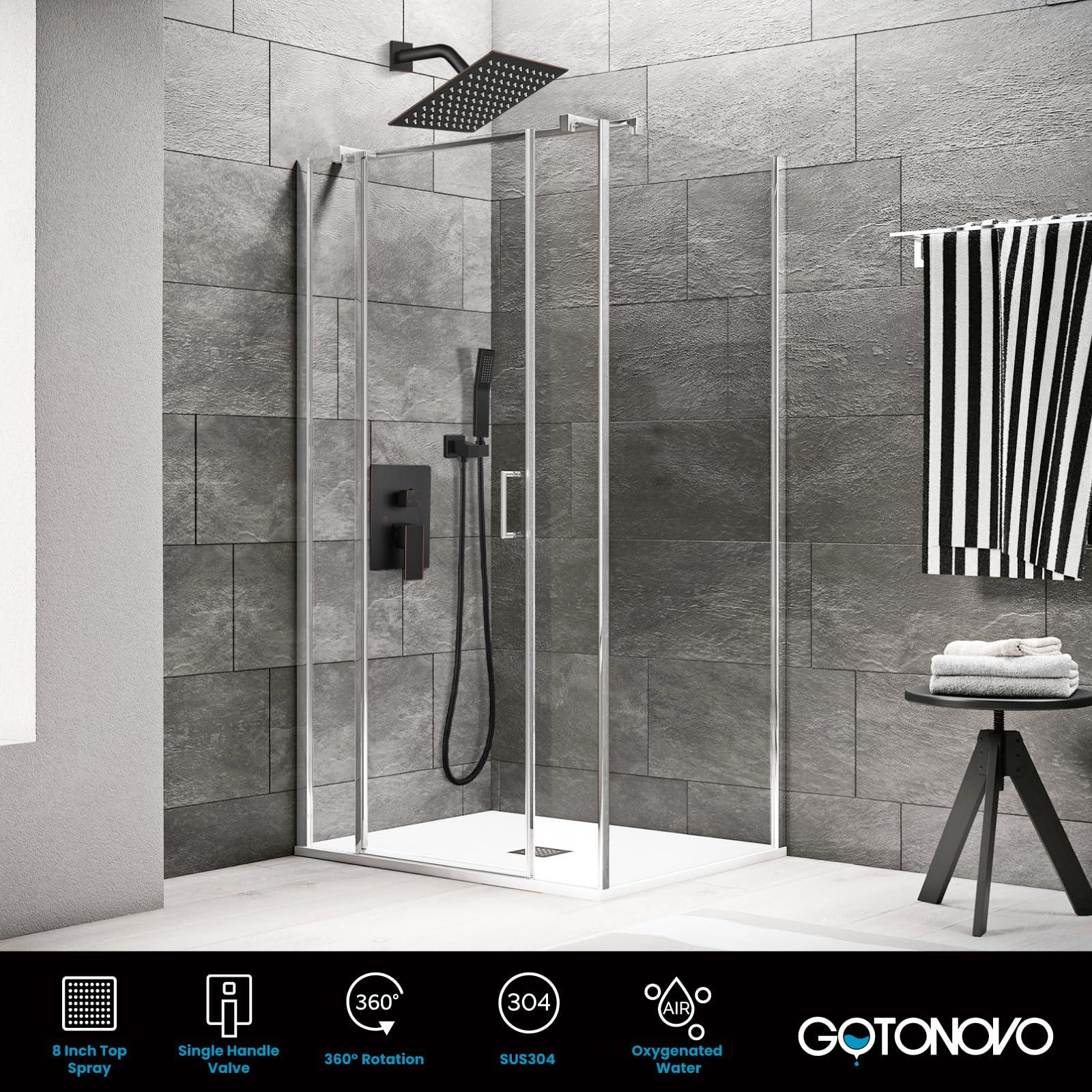 gotonovo Rainfall Bathroom Shower System Rain Shower Head and Handle Set Wall Mounted Shower Complete Combo Solid Brass Pressure Balancing Shower Mixer Valve 10 Inch Matte Black