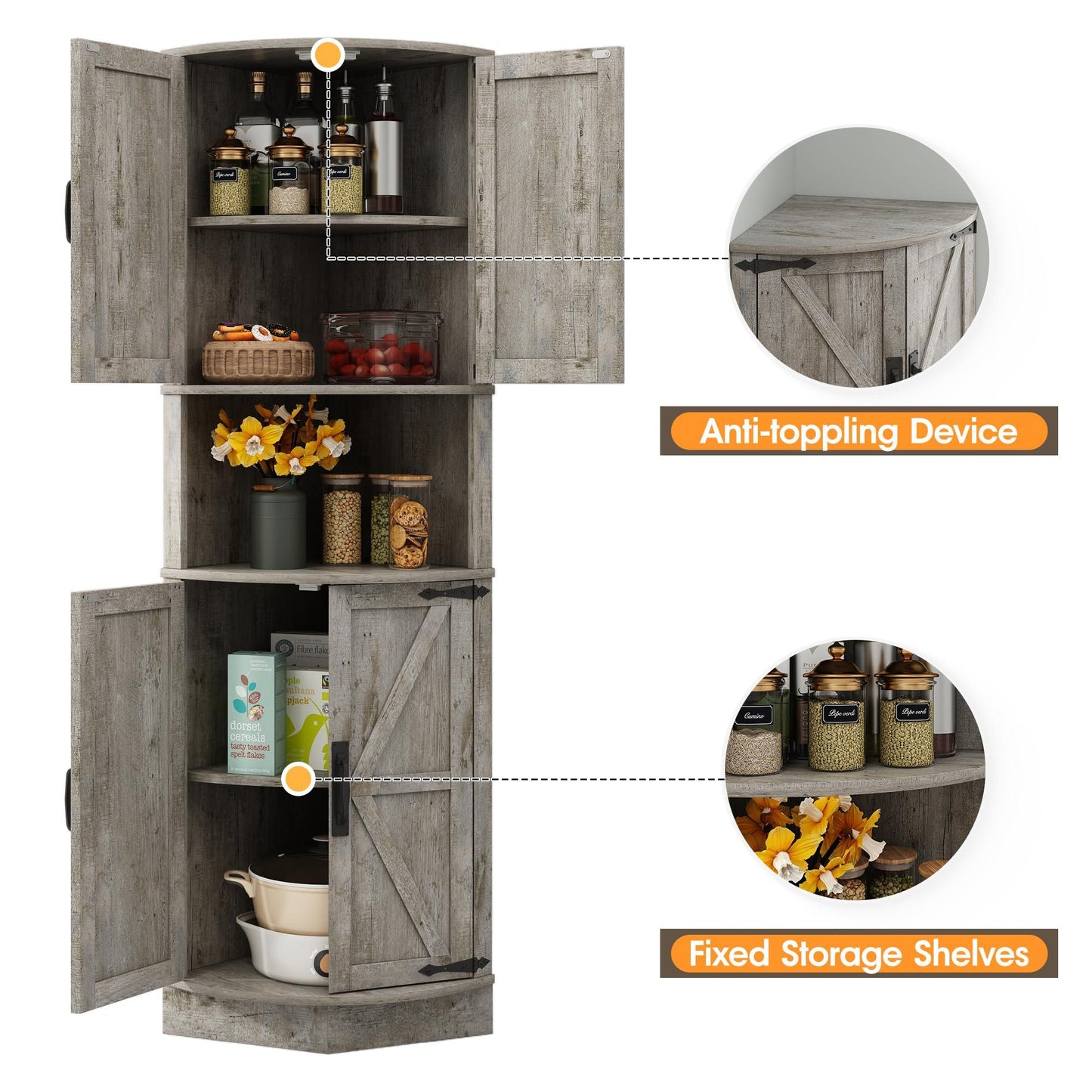 Vabches 64.8" Tall Farmhouse Corner Cabinet with 4 Doors and 5 Storage Shelves, Farmhouse Storage Cabinet with Barn Door Design, Home Space Saver for Living Room, Kitchen, Laundry Room,White.