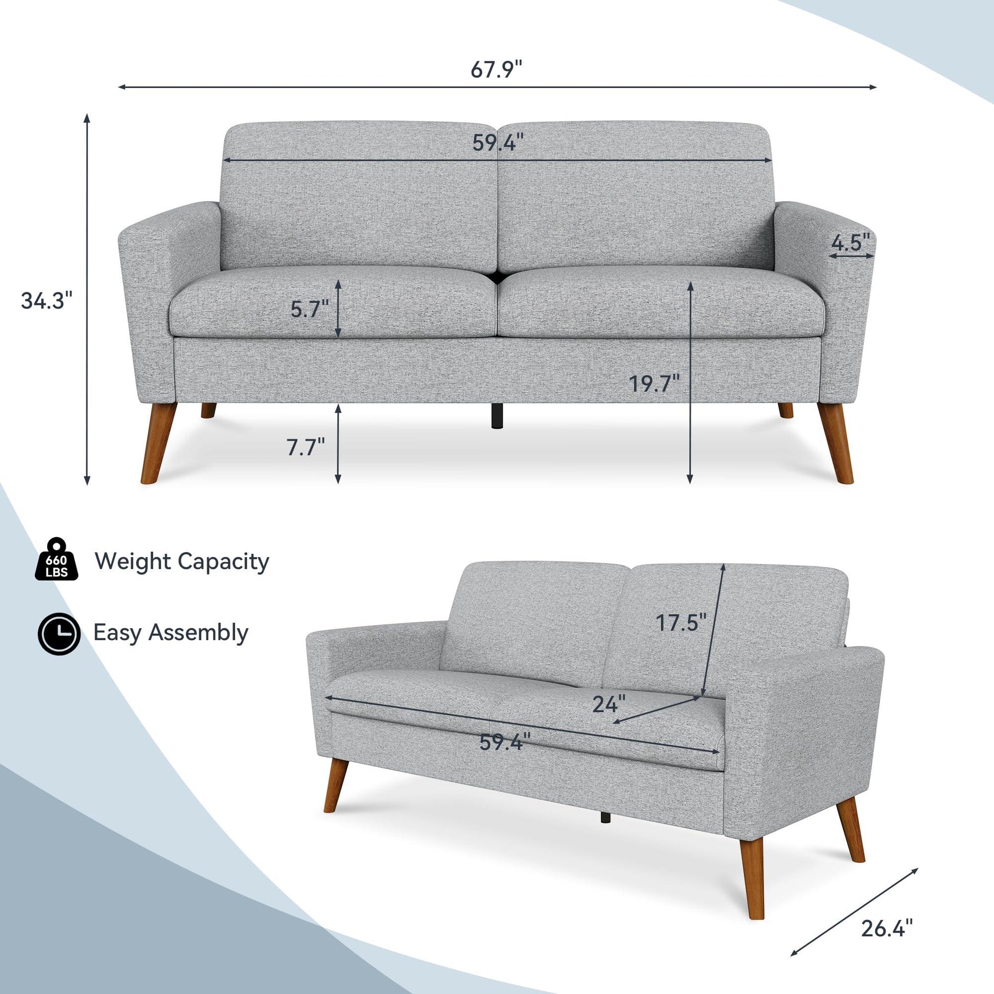 68" Loveseat Sofa for Living Room, Mid Century Modern Deep Seating Couches for Apartment Furniture, Comfy Two Seater Couches Sleeper Sofas, Grey Linen.