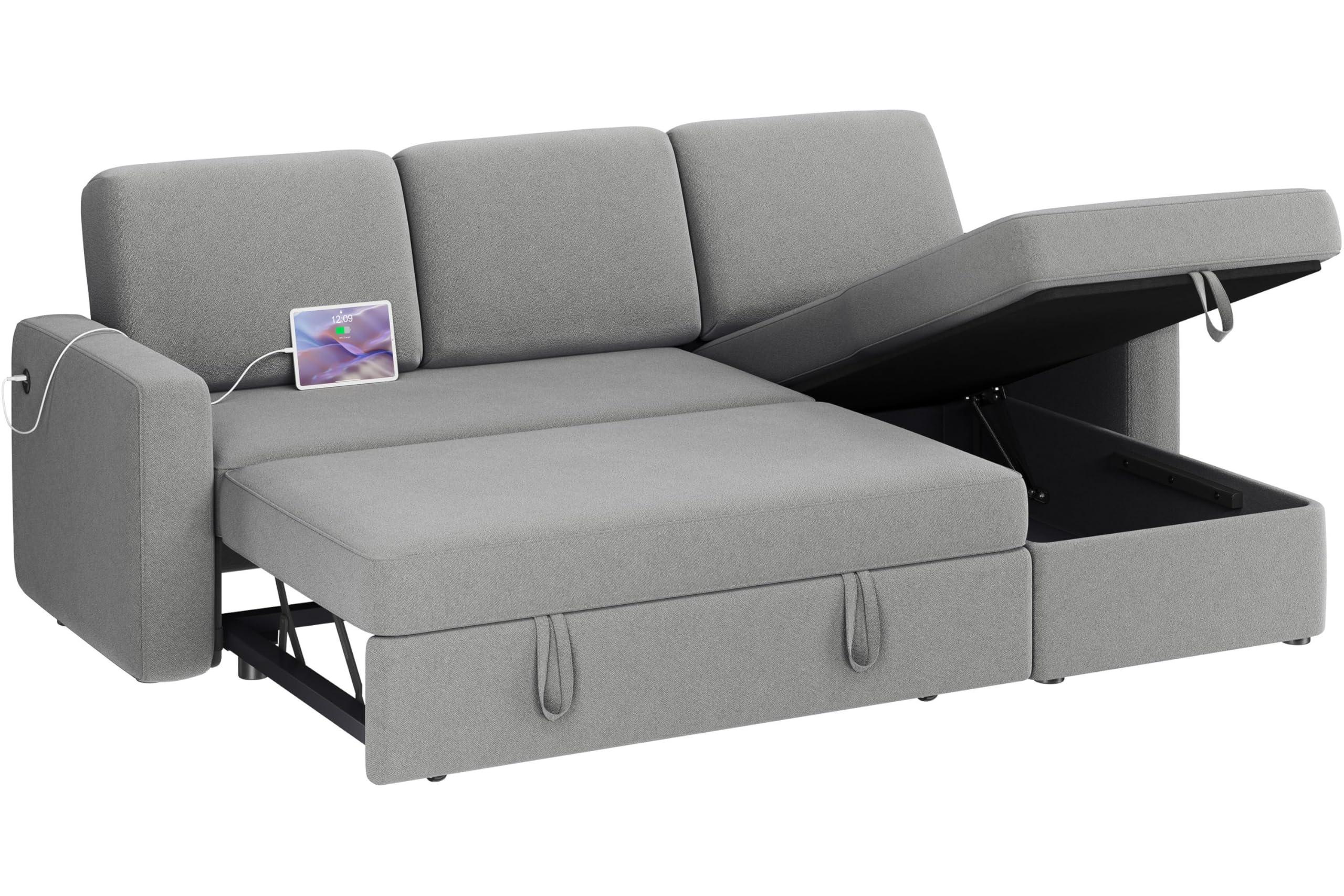 Yaheetech Sectional Sofa L-Shaped Sofa Couch Bed w/Chaise & USB, Reversible Couch Sleeper w/Pull Out Bed & Storage Space, 4-seat Fabric Convertible Sofa, Pull Out Couch for Living Room Dark Gray.