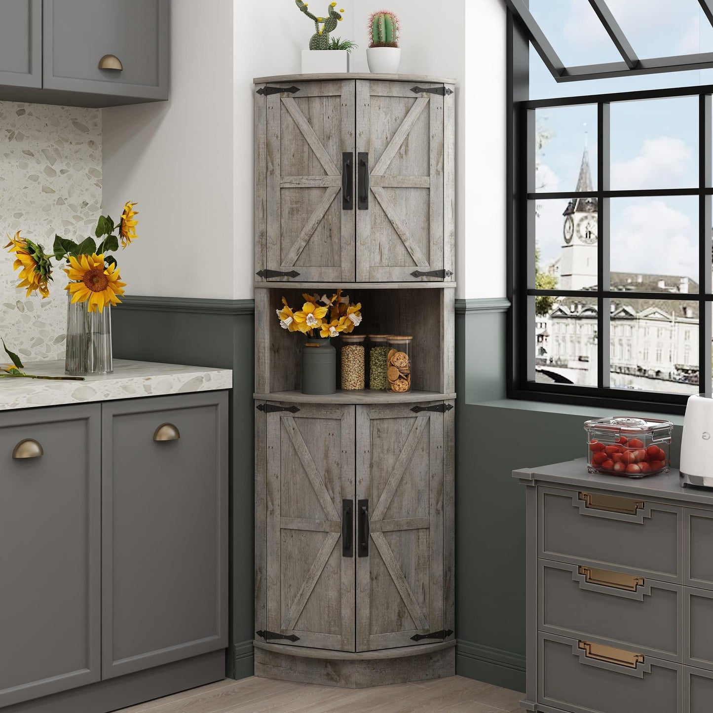 Vabches 64.8" Tall Farmhouse Corner Cabinet with 4 Doors and 5 Storage Shelves, Farmhouse Storage Cabinet with Barn Door Design, Home Space Saver for Living Room, Kitchen, Laundry Room,White.