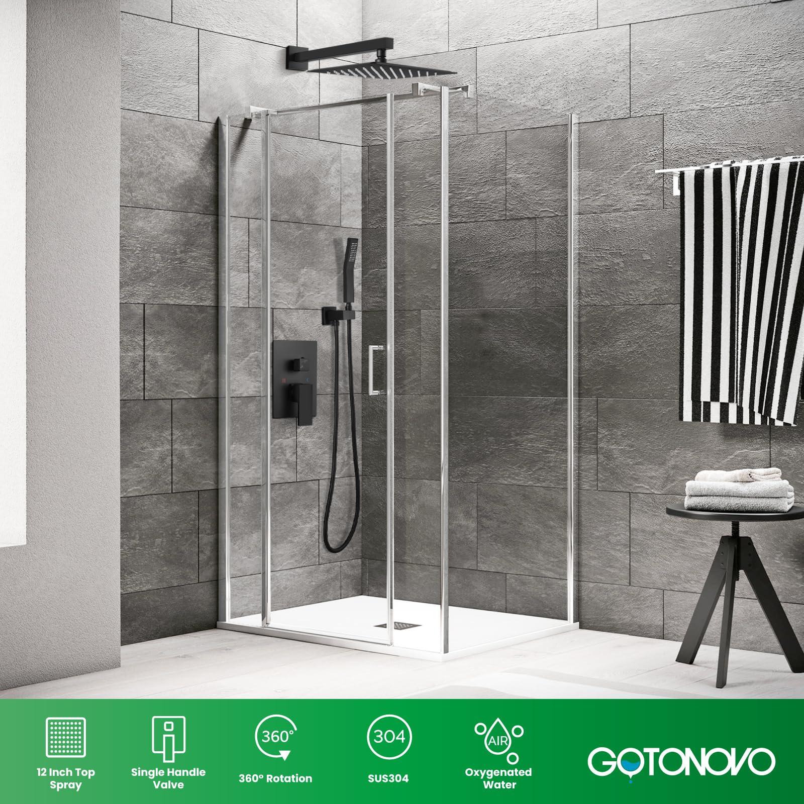 gotonovo Rainfall Bathroom Shower System Rain Shower Head and Handle Set Wall Mounted Shower Complete Combo Solid Brass Pressure Balancing Shower Mixer Valve 10 Inch Matte Black