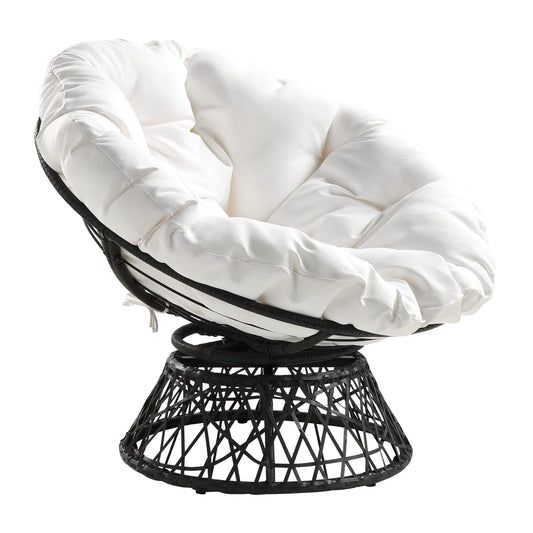 OSP Home Furnishings Wicker Papasan Chair with 360-Degree Swivel, Grey Frame with White Cushion.