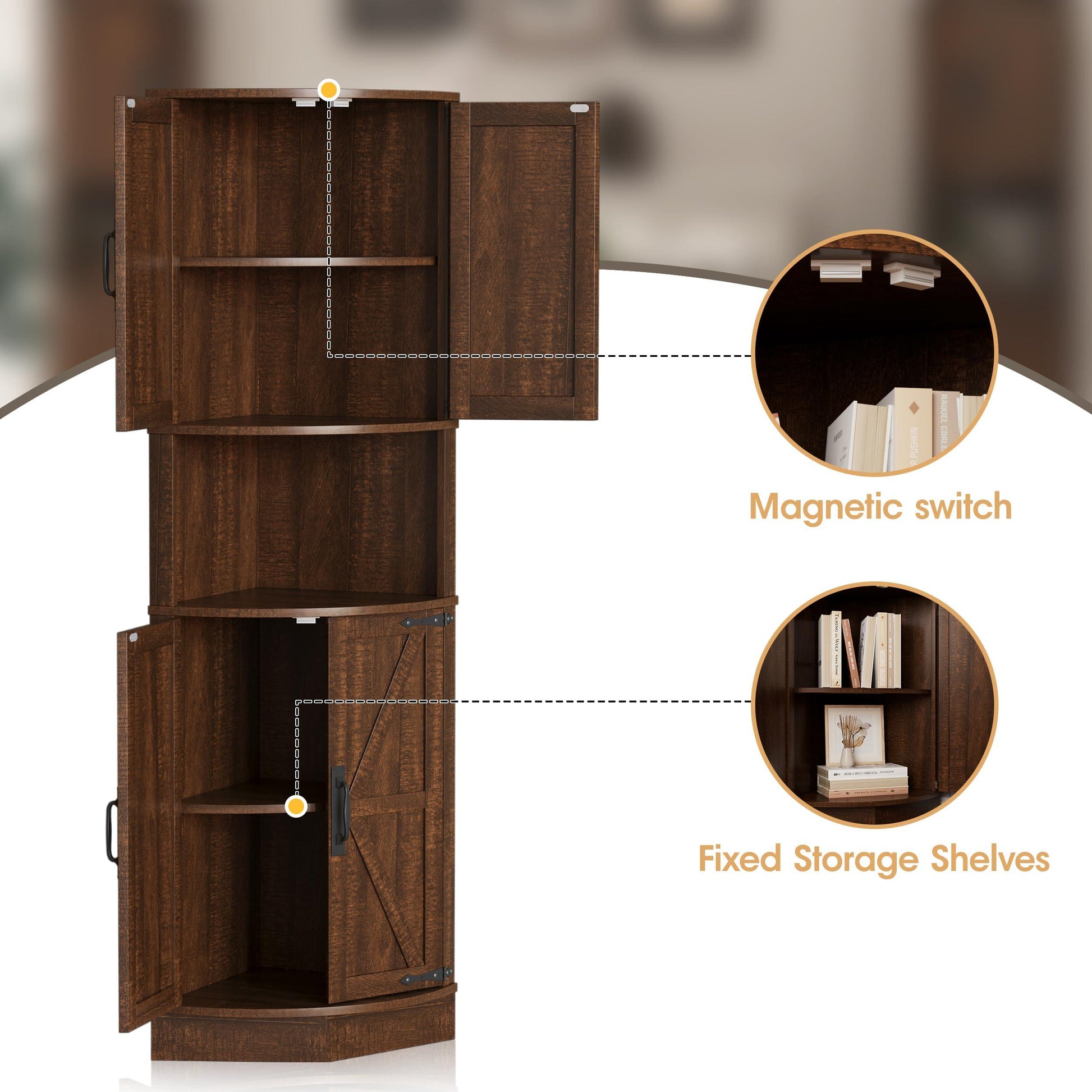 Vabches 64.8" Tall Farmhouse Corner Cabinet with 4 Doors and 5 Storage Shelves, Farmhouse Storage Cabinet with Barn Door Design, Home Space Saver for Living Room, Kitchen, Laundry Room,White.