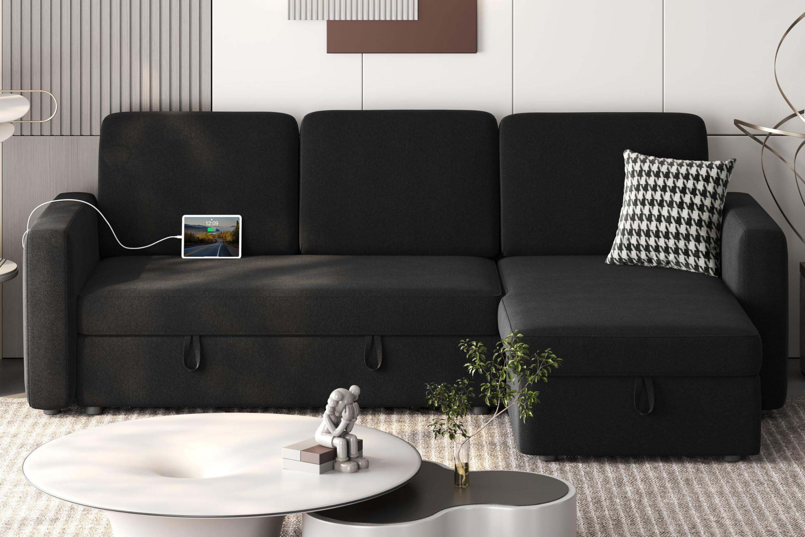 Yaheetech Sectional Sofa L-Shaped Sofa Couch Bed w/Chaise & USB, Reversible Couch Sleeper w/Pull Out Bed & Storage Space, 4-seat Fabric Convertible Sofa, Pull Out Couch for Living Room Dark Gray.