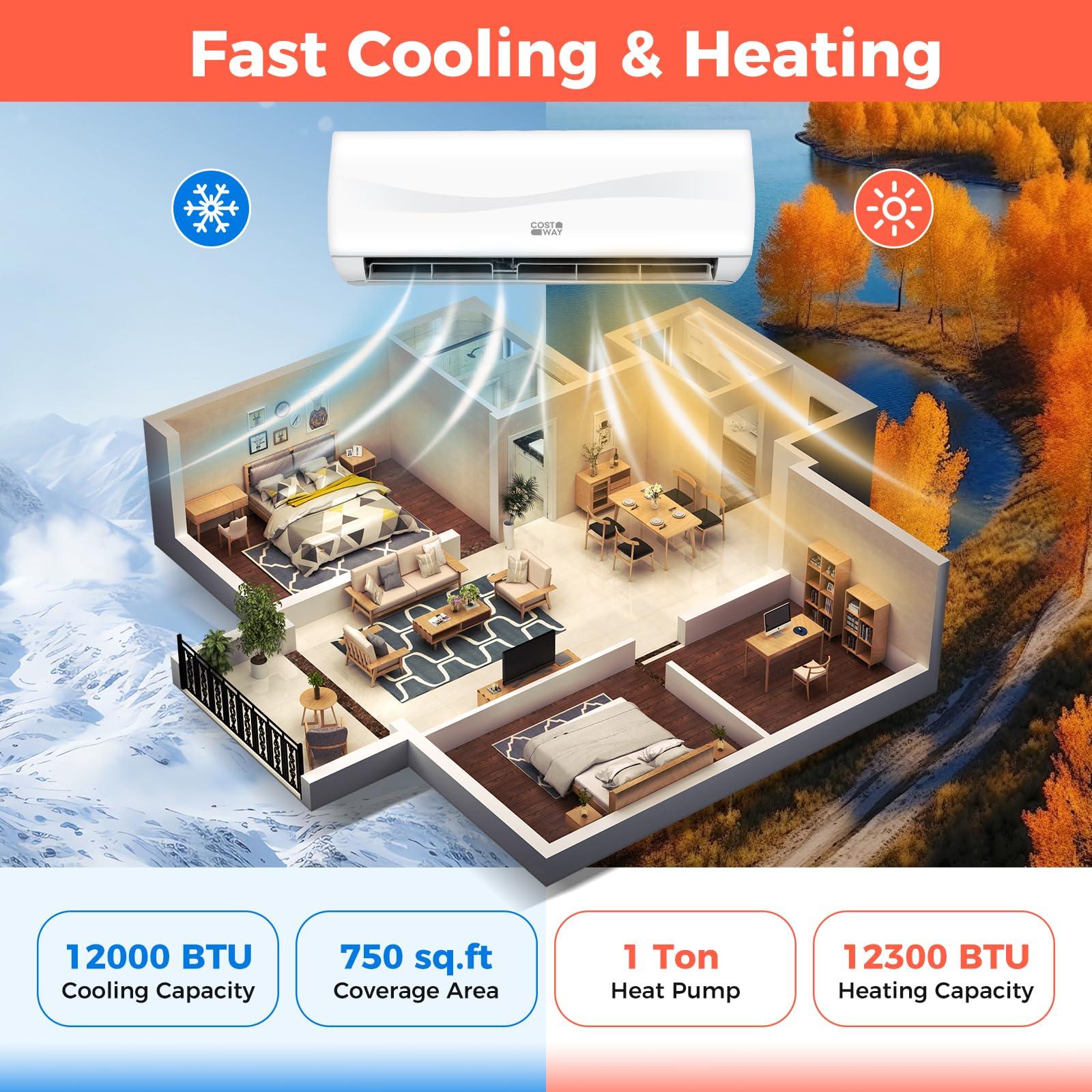 COSTWAY Blast Series 9000BTU Split Air Conditioner & Heater, 17 SEER2 208V-230V Energy Efficient Wall Mount AC Unit w/Heat Pump, Inverter System, Remote Control, Cools Rooms up to 450 Sq. Ft..