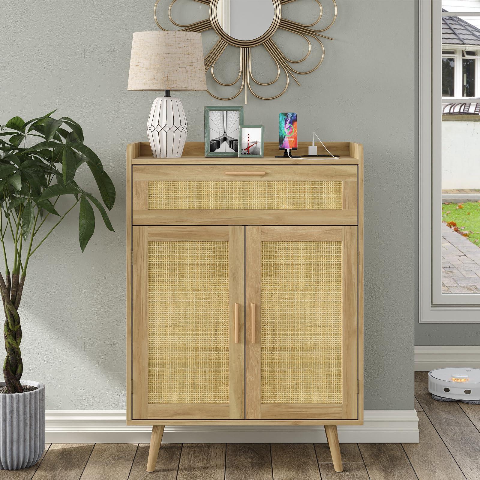 Storage Cabinet with Charging Station, Rattan Cabinet with Large Drawer, Bathroom Storage Cabinet for Living Room, Entryway, Kitchen, Nature.