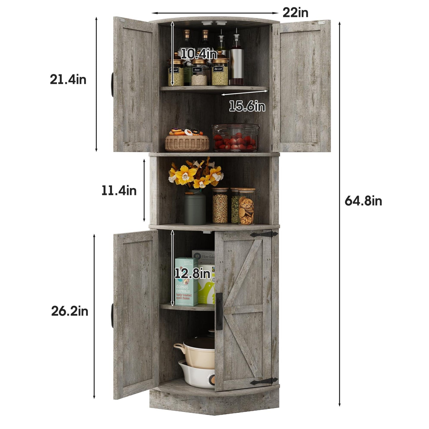 Vabches 64.8" Tall Farmhouse Corner Cabinet with 4 Doors and 5 Storage Shelves, Farmhouse Storage Cabinet with Barn Door Design, Home Space Saver for Living Room, Kitchen, Laundry Room,White.