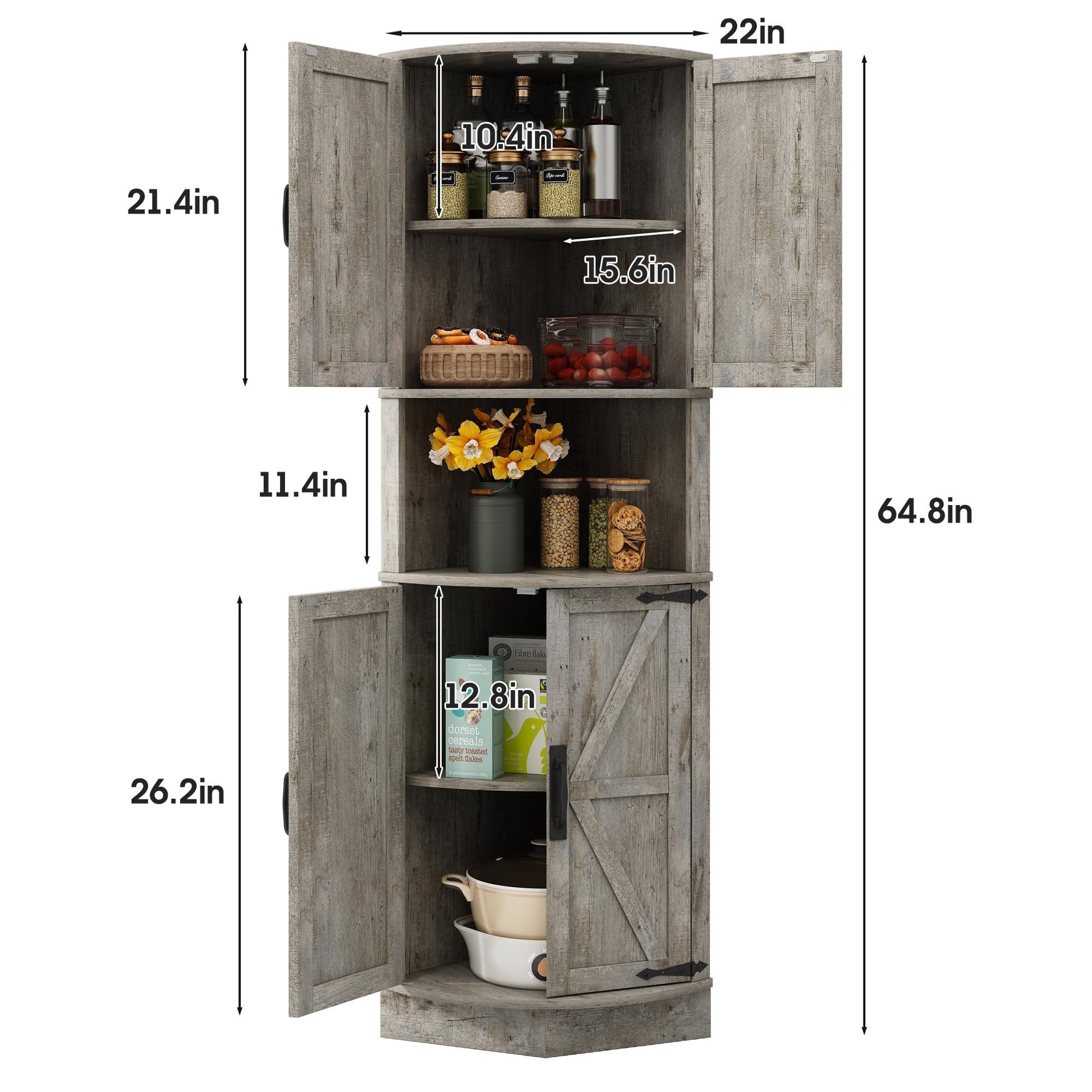 Vabches 64.8" Tall Farmhouse Corner Cabinet with 4 Doors and 5 Storage Shelves, Farmhouse Storage Cabinet with Barn Door Design, Home Space Saver for Living Room, Kitchen, Laundry Room,White.