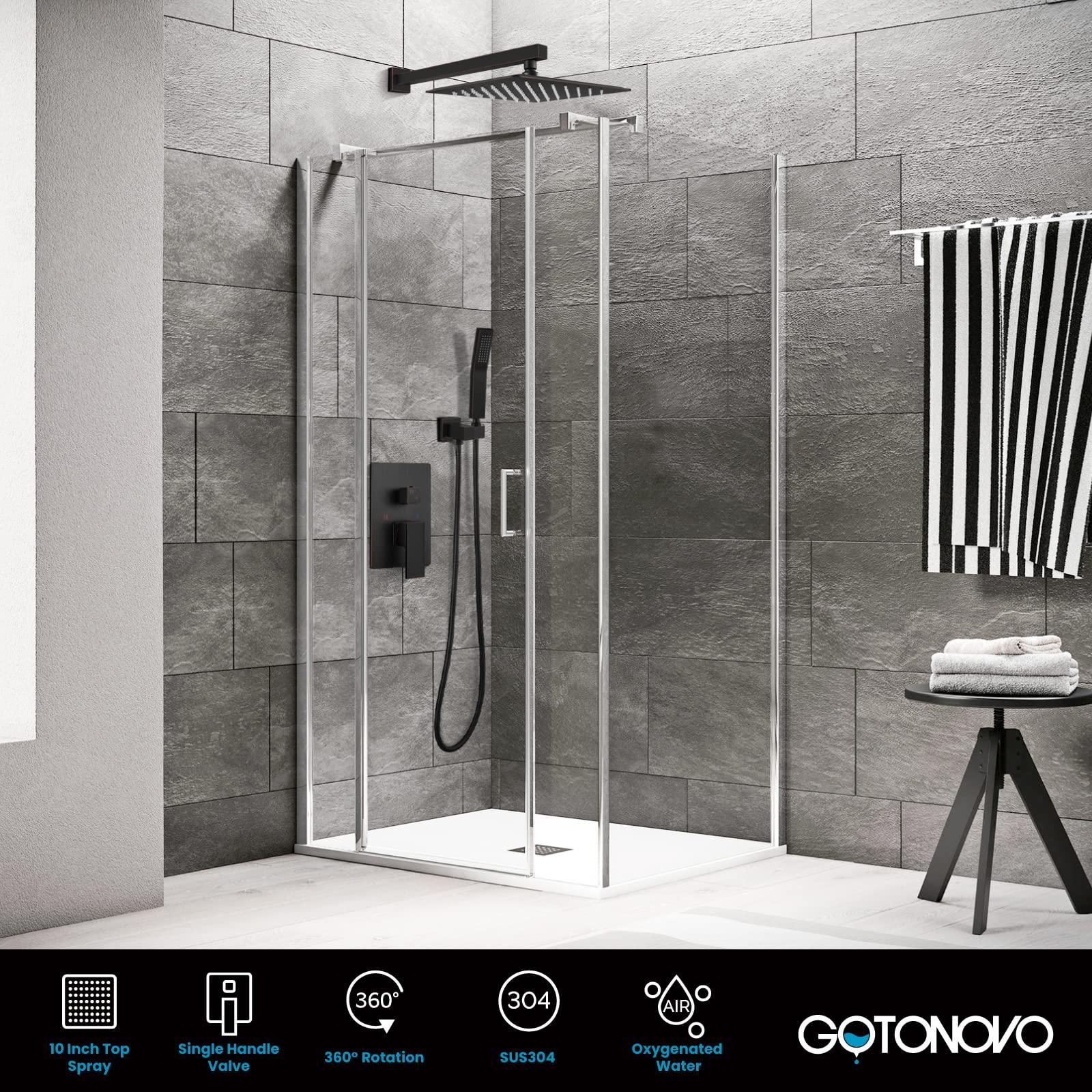 gotonovo Rainfall Bathroom Shower System Rain Shower Head and Handle Set Wall Mounted Shower Complete Combo Solid Brass Pressure Balancing Shower Mixer Valve 10 Inch Matte Black