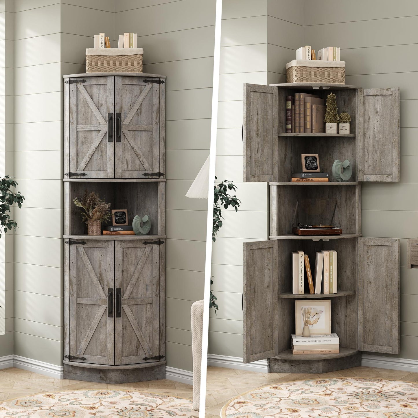 Vabches 64.8" Tall Farmhouse Corner Cabinet with 4 Doors and 5 Storage Shelves, Farmhouse Storage Cabinet with Barn Door Design, Home Space Saver for Living Room, Kitchen, Laundry Room,White