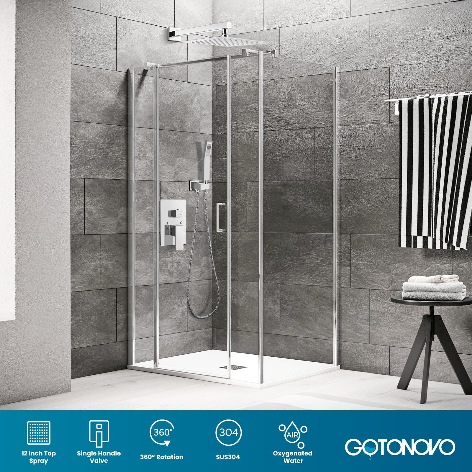 gotonovo Rainfall Bathroom Shower System Rain Shower Head and Handle Set Wall Mounted Shower Complete Combo Solid Brass Pressure Balancing Shower Mixer Valve 10 Inch Matte Black