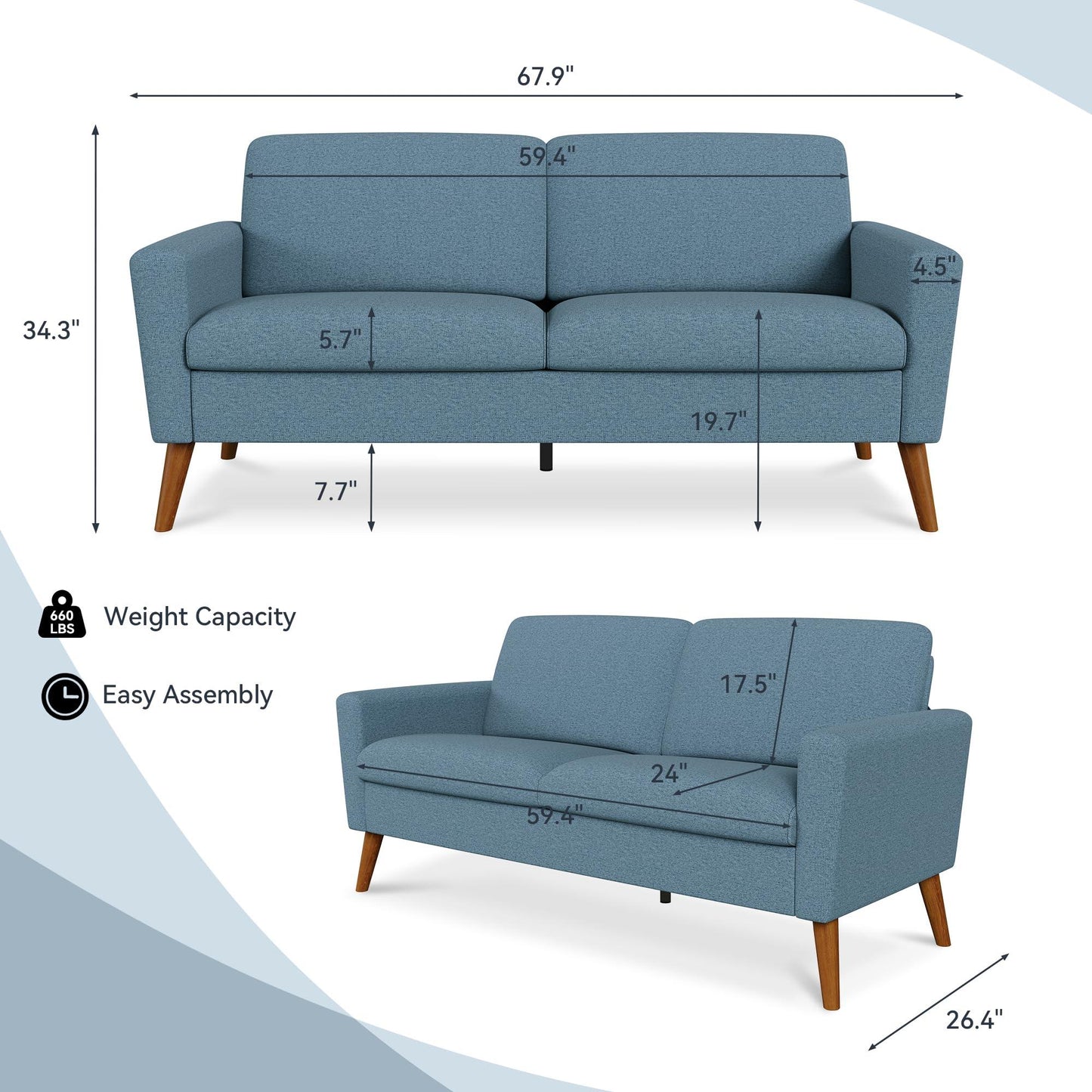 68" Loveseat Sofa for Living Room, Mid Century Modern Deep Seating Couches for Apartment Furniture, Comfy Two Seater Couches Sleeper Sofas, Grey Linen.