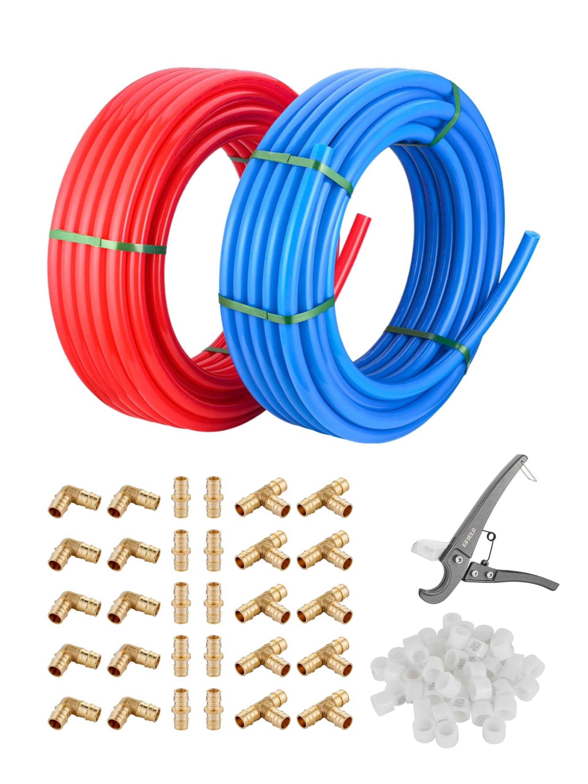 EFIELD 1/2-inch 2 x100 ft Pex-A Tubing/Pipe （All in One） Red & Blue 200 ft， 30 PCS 1/2