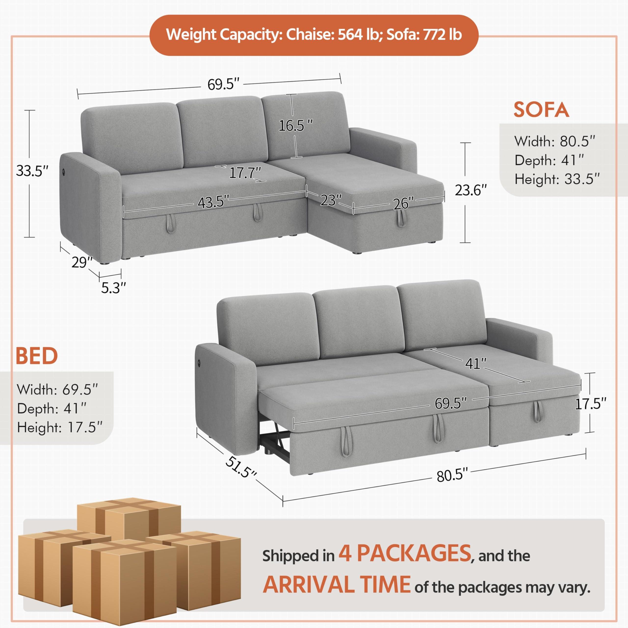 Yaheetech Sectional Sofa L-Shaped Sofa Couch Bed w/Chaise & USB, Reversible Couch Sleeper w/Pull Out Bed & Storage Space, 4-seat Fabric Convertible Sofa, Pull Out Couch for Living Room Dark Gray