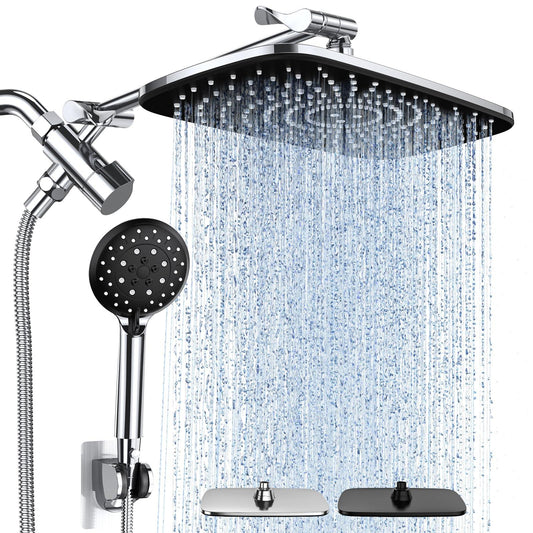 Veken High Pressure Rain Shower Head Combo with Extension Arm- Wide Showerhead with 6 Handheld Water Spray - Adjustable Dual Showerhead with Anti-Clog Nozzles - Silver Chrome.