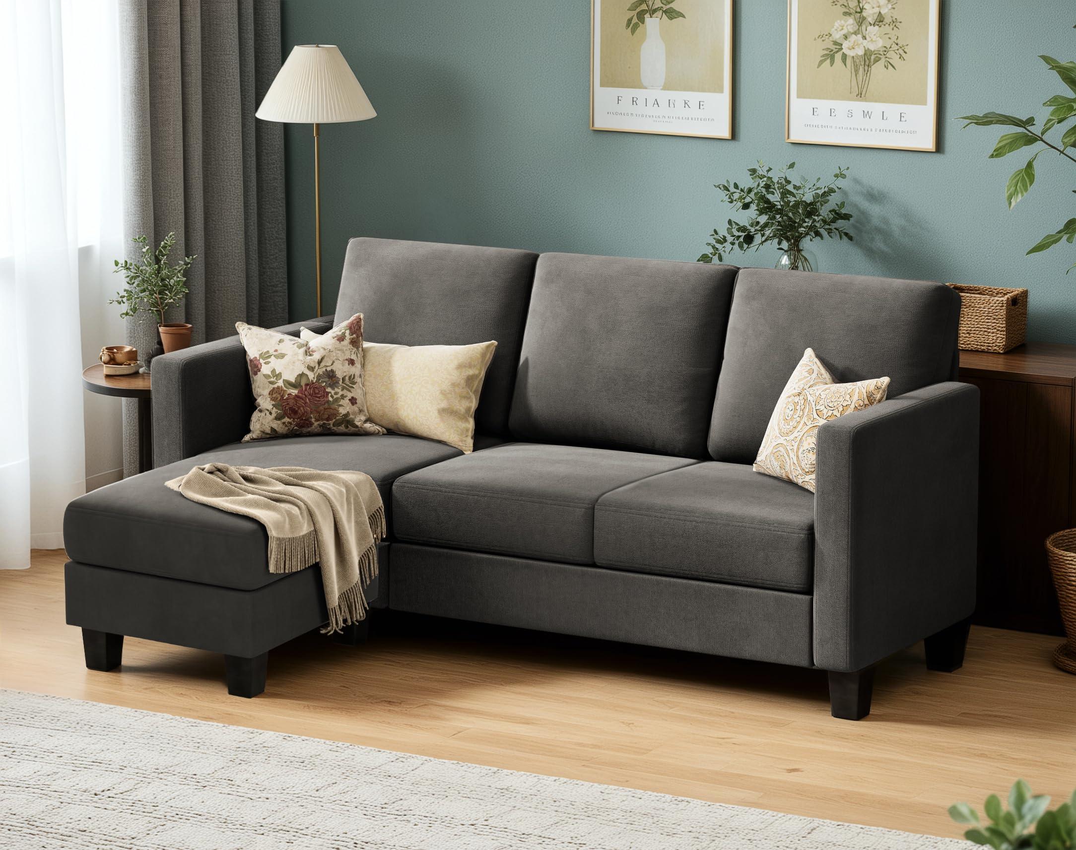 VICTONE Convertible Sectional Sofa Couch, 3 Seat L-Shaped Sofa with Linen Fabric Ottoman Small Couch for Small Apartments, Living Room and Office (Dark Gray).