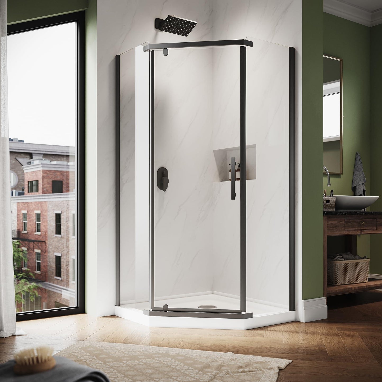 SUNNY SHOWER Double Sliding Shower Door 36.7 in. D x 36.7 in. W x 72 in.H Round Corner Shower doors with 1/4 in. Clear Glass Framed Shower Enclosure with Black Finish with Shower Base.