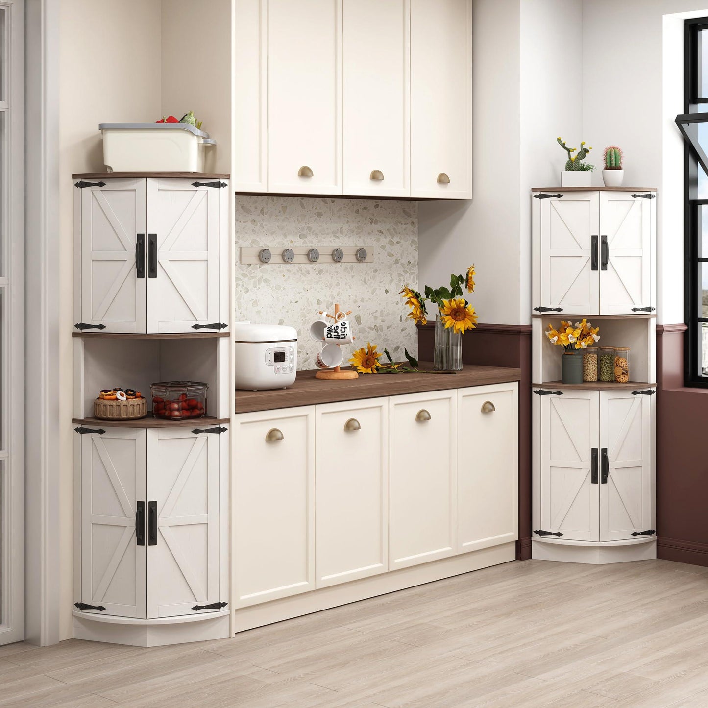 Vabches 64.8" Tall Farmhouse Corner Cabinet with 4 Doors and 5 Storage Shelves, Farmhouse Storage Cabinet with Barn Door Design, Home Space Saver for Living Room, Kitchen, Laundry Room,White.