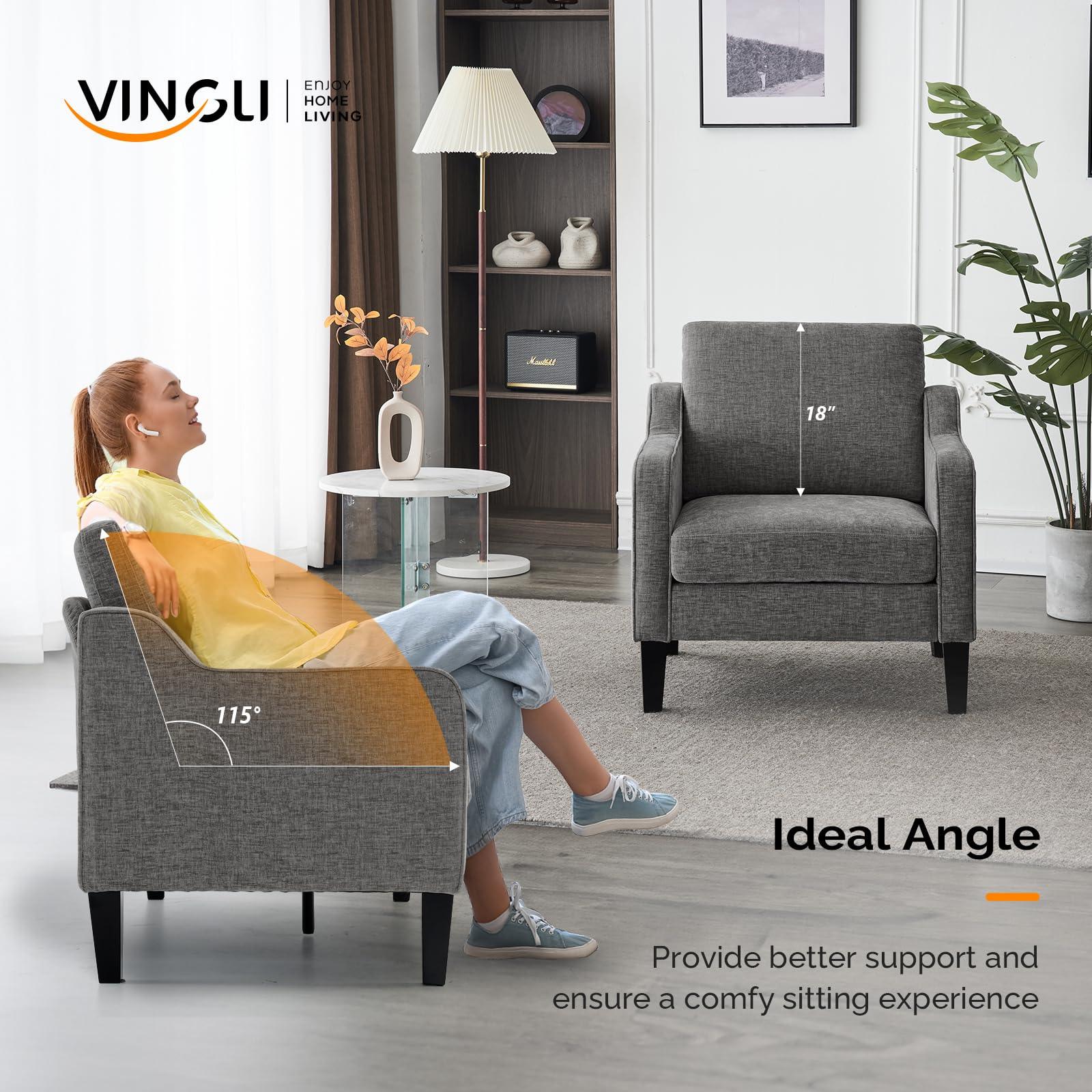 VINGLI Modern Accent Chairs Set of 2,Comfy Grey Armchair for Bedroom,Living Room Upholstered Sofa Chair Reading Chair for Small Spaces