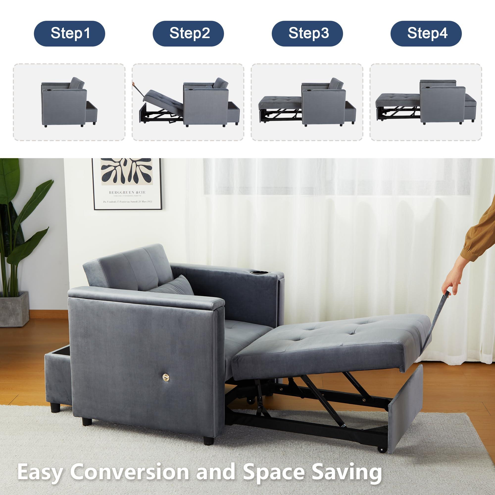 ORRD Convertible Sofa Bed, 3-in-1 Multi-Functional Faux Leather Sleeper Couch Pull-Out Bed, 48'' Loveseat Bed Chaise Lounge with Adjustable Backrest and Hidden Side Table for Living Room, Small Space