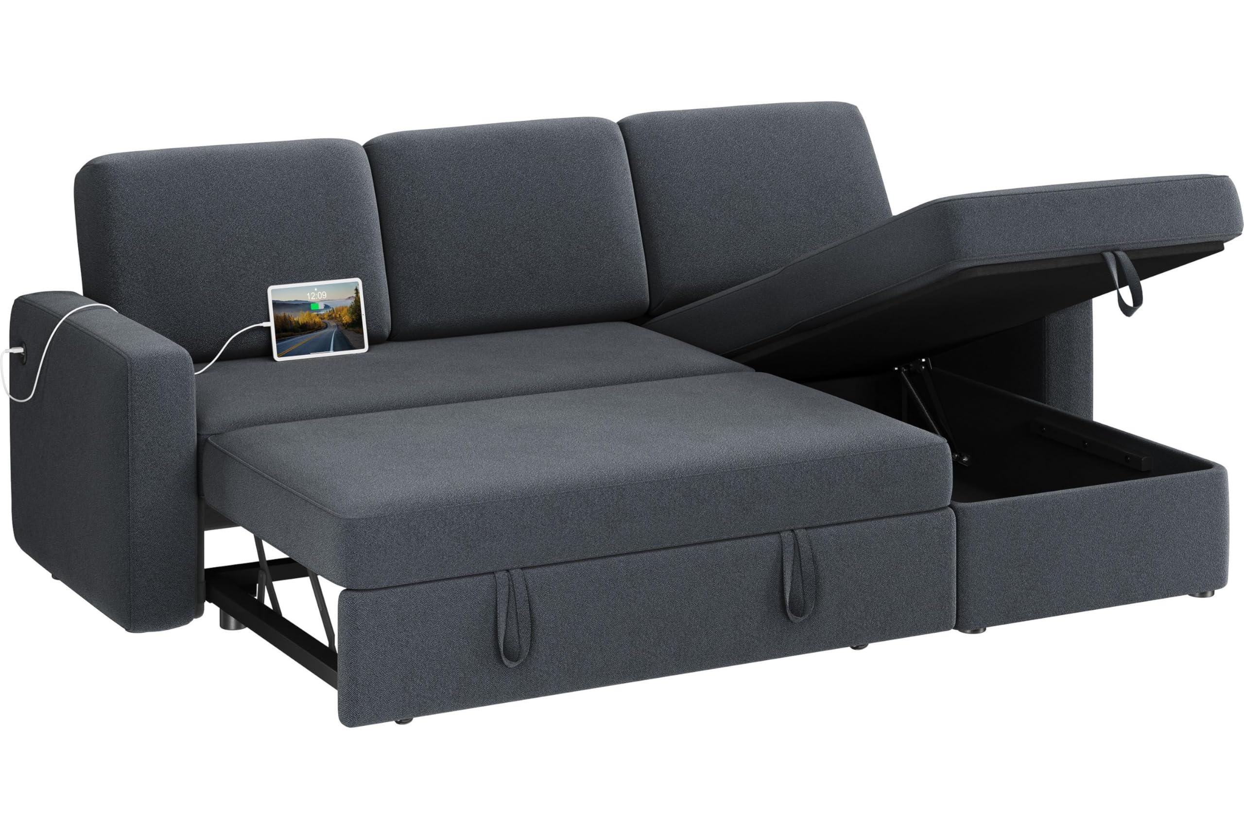 Yaheetech Sectional Sofa L-Shaped Sofa Couch Bed w/Chaise & USB, Reversible Couch Sleeper w/Pull Out Bed & Storage Space, 4-seat Fabric Convertible Sofa, Pull Out Couch for Living Room Dark Gray.