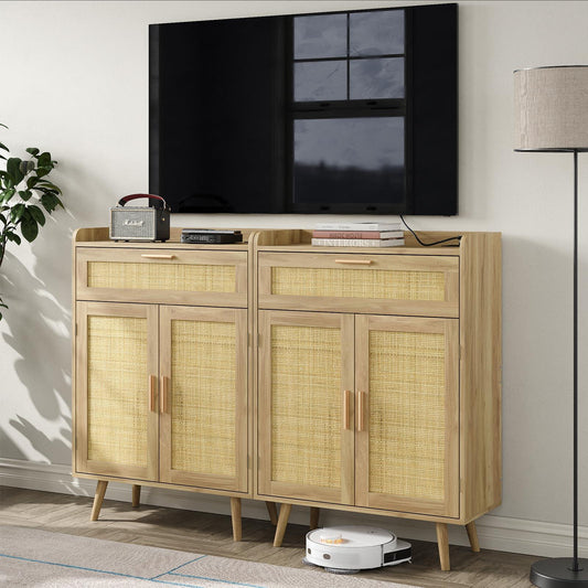 Storage Cabinet with Charging Station, Rattan Cabinet with Large Drawer, Bathroom Storage Cabinet for Living Room, Entryway, Kitchen, Nature.