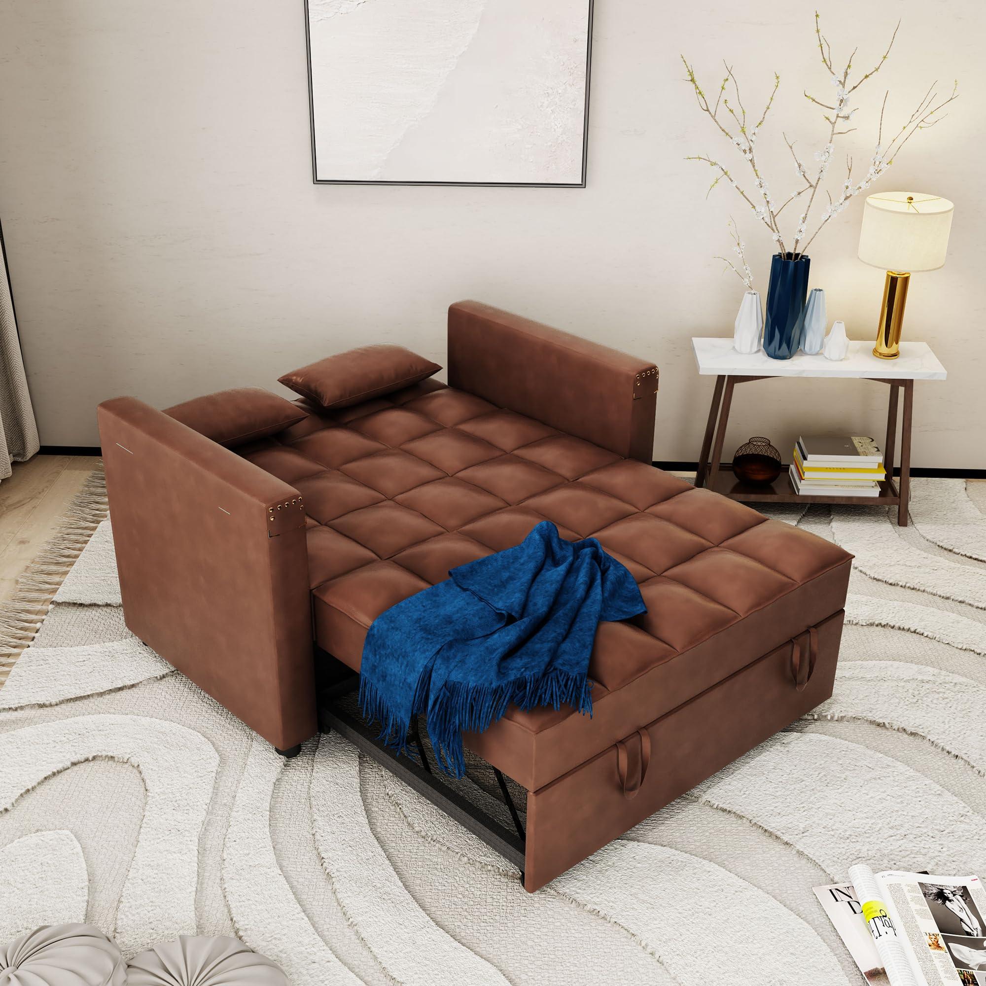 ORRD Convertible Sofa Bed, 3-in-1 Multi-Functional Faux Leather Sleeper Couch Pull-Out Bed, 48'' Loveseat Bed Chaise Lounge with Adjustable Backrest and Hidden Side Table for Living Room, Small Space.