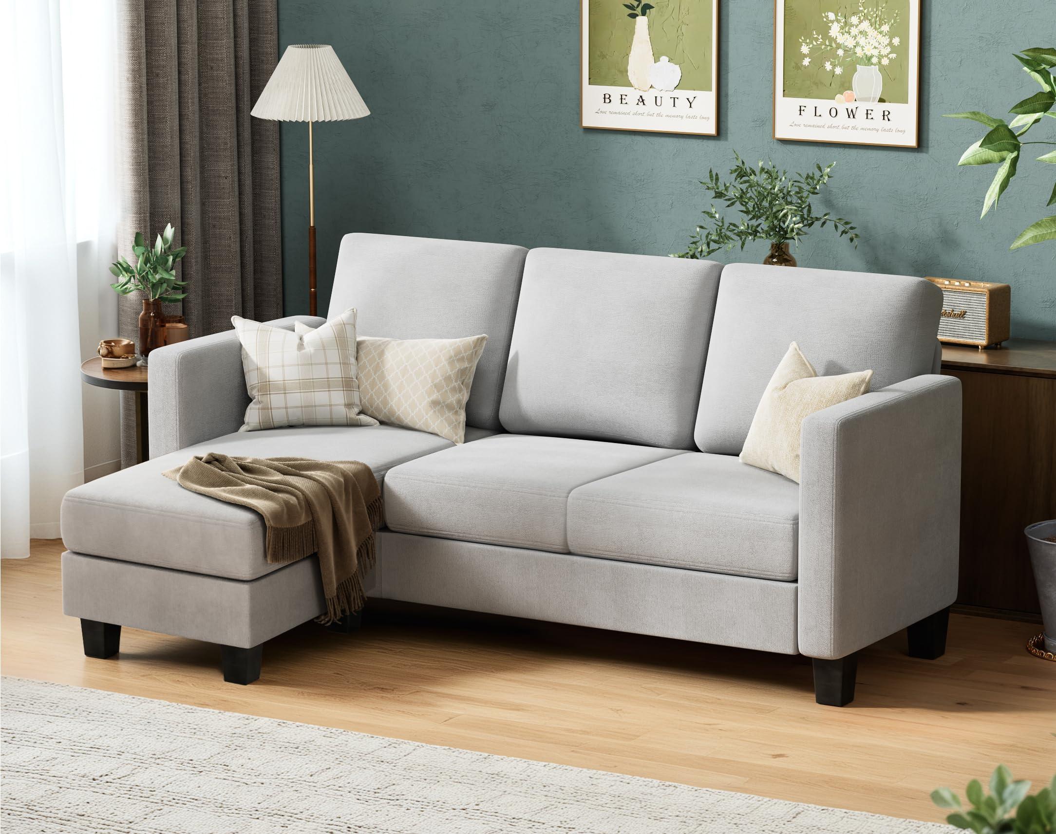 VICTONE Convertible Sectional Sofa Couch, 3 Seat L-Shaped Sofa with Linen Fabric Ottoman Small Couch for Small Apartments, Living Room and Office (Dark Gray).