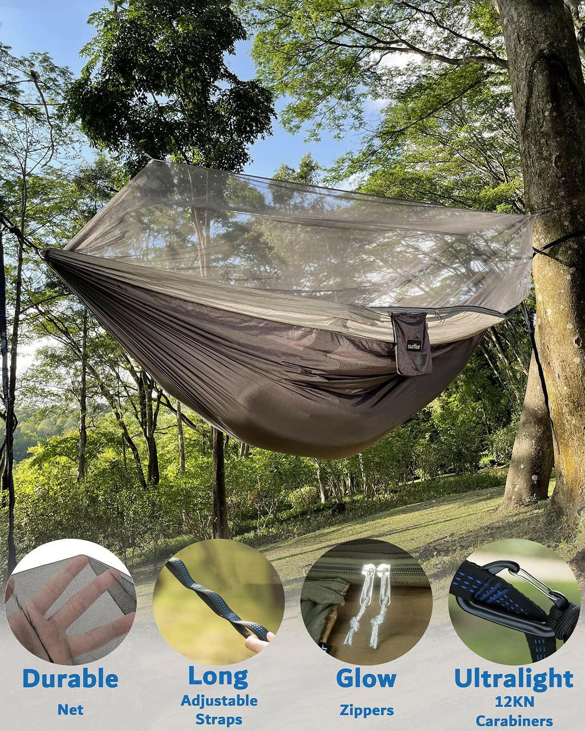 Sunyear Camping Hammock, Portable Double Hammock with Net, 2 Person Hammock Tent with 2 * 10ft Straps, Best for Outdoor Hiking Survival Travel