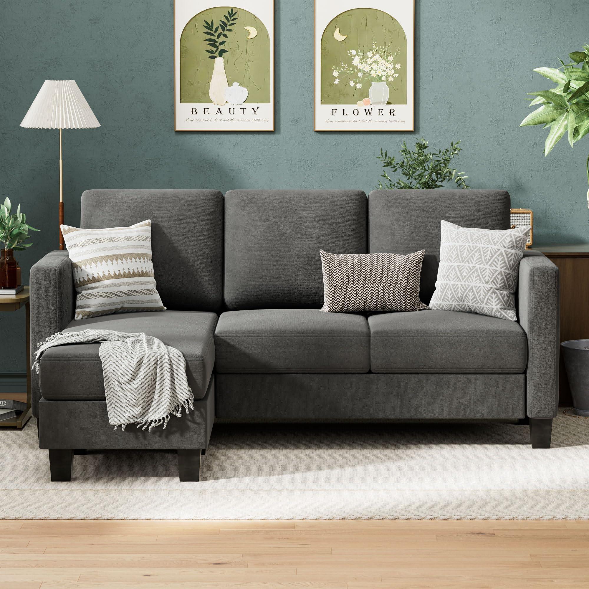 VICTONE Convertible Sectional Sofa Couch, 3 Seat L-Shaped Sofa with Linen Fabric Ottoman Small Couch for Small Apartments, Living Room and Office (Dark Gray).