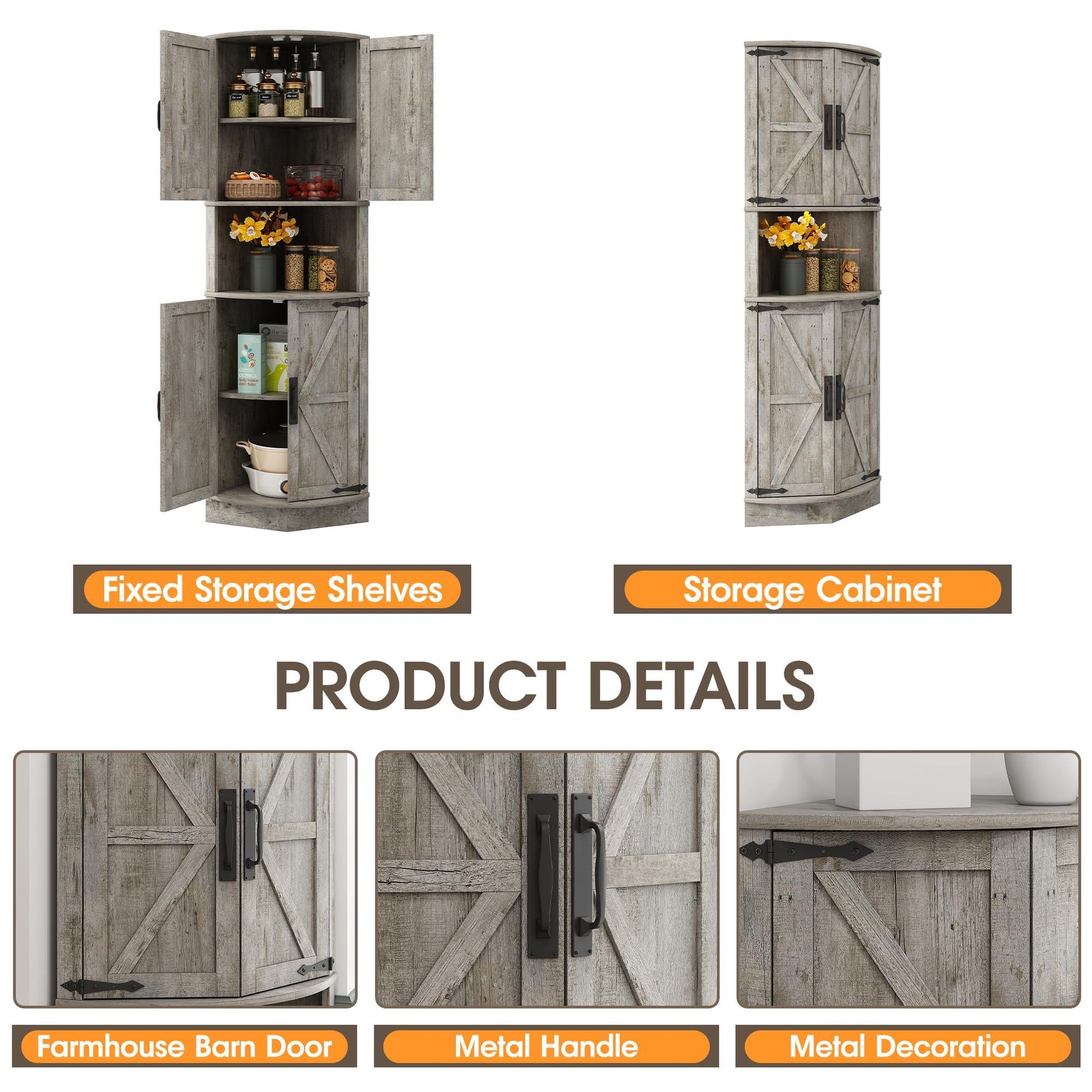 Vabches 64.8" Tall Farmhouse Corner Cabinet with 4 Doors and 5 Storage Shelves, Farmhouse Storage Cabinet with Barn Door Design, Home Space Saver for Living Room, Kitchen, Laundry Room,White.