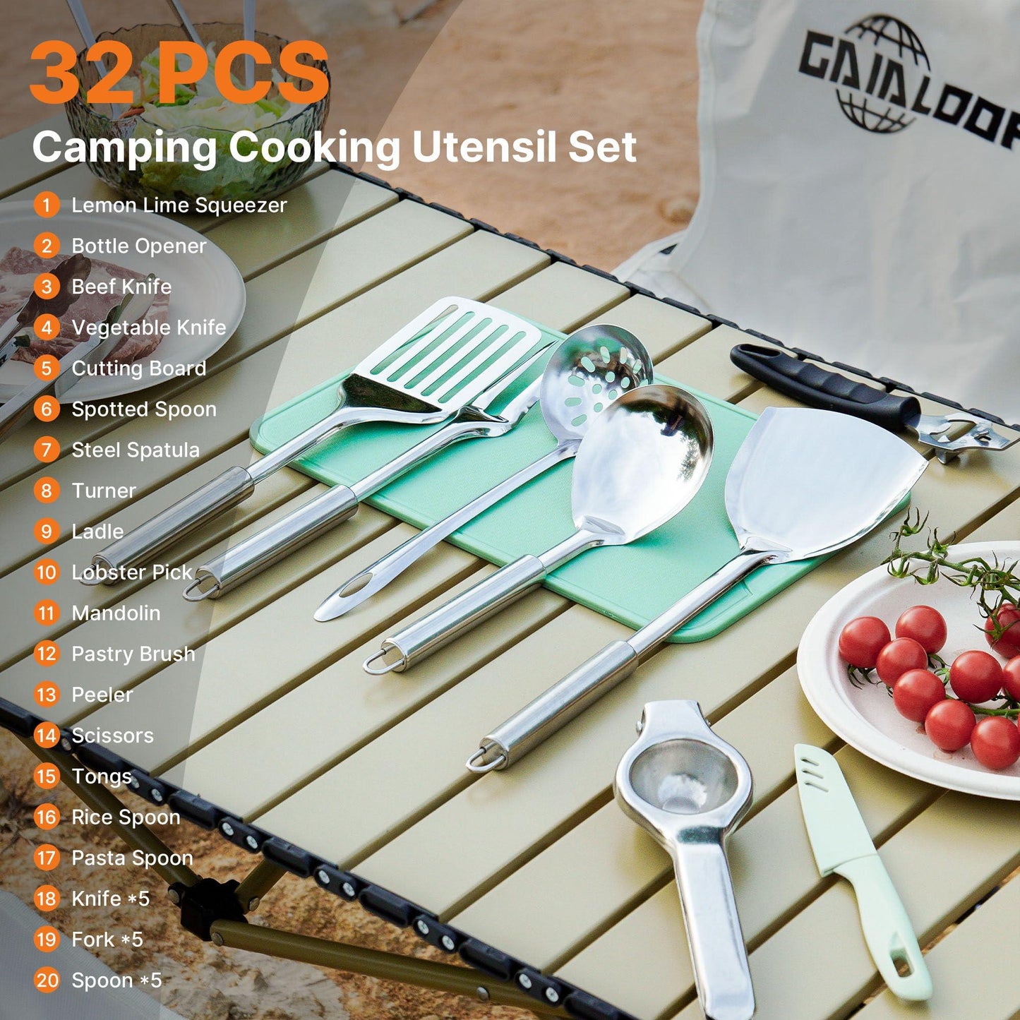 Camping Cooking Utensil Set 16 PCS (32 PCS) Camp Kitchen Utensils Kit with Organizer Case Bag, Portable RV Camping Cooking Essentials Accessories for Cookouts Stainless Steel