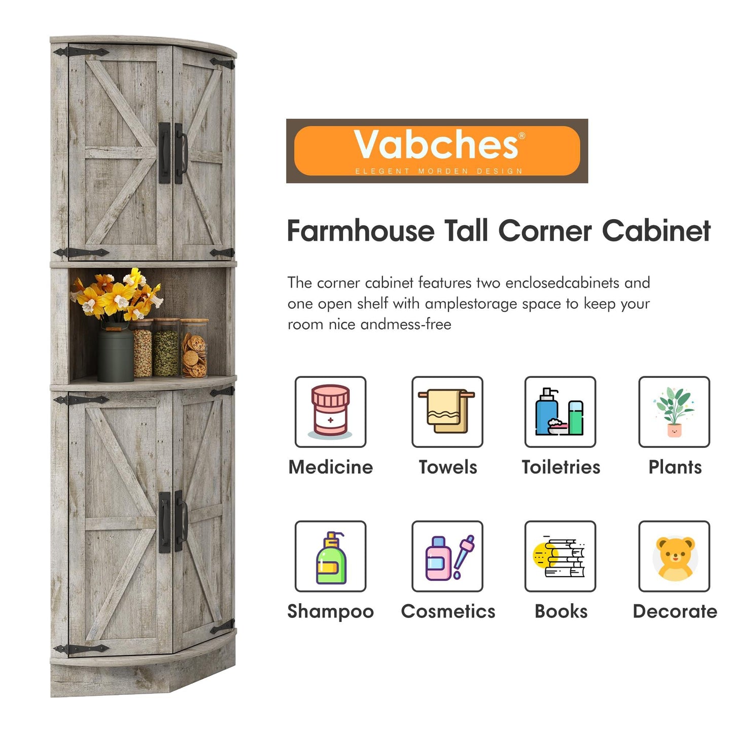 Vabches 64.8" Tall Farmhouse Corner Cabinet with 4 Doors and 5 Storage Shelves, Farmhouse Storage Cabinet with Barn Door Design, Home Space Saver for Living Room, Kitchen, Laundry Room,White.