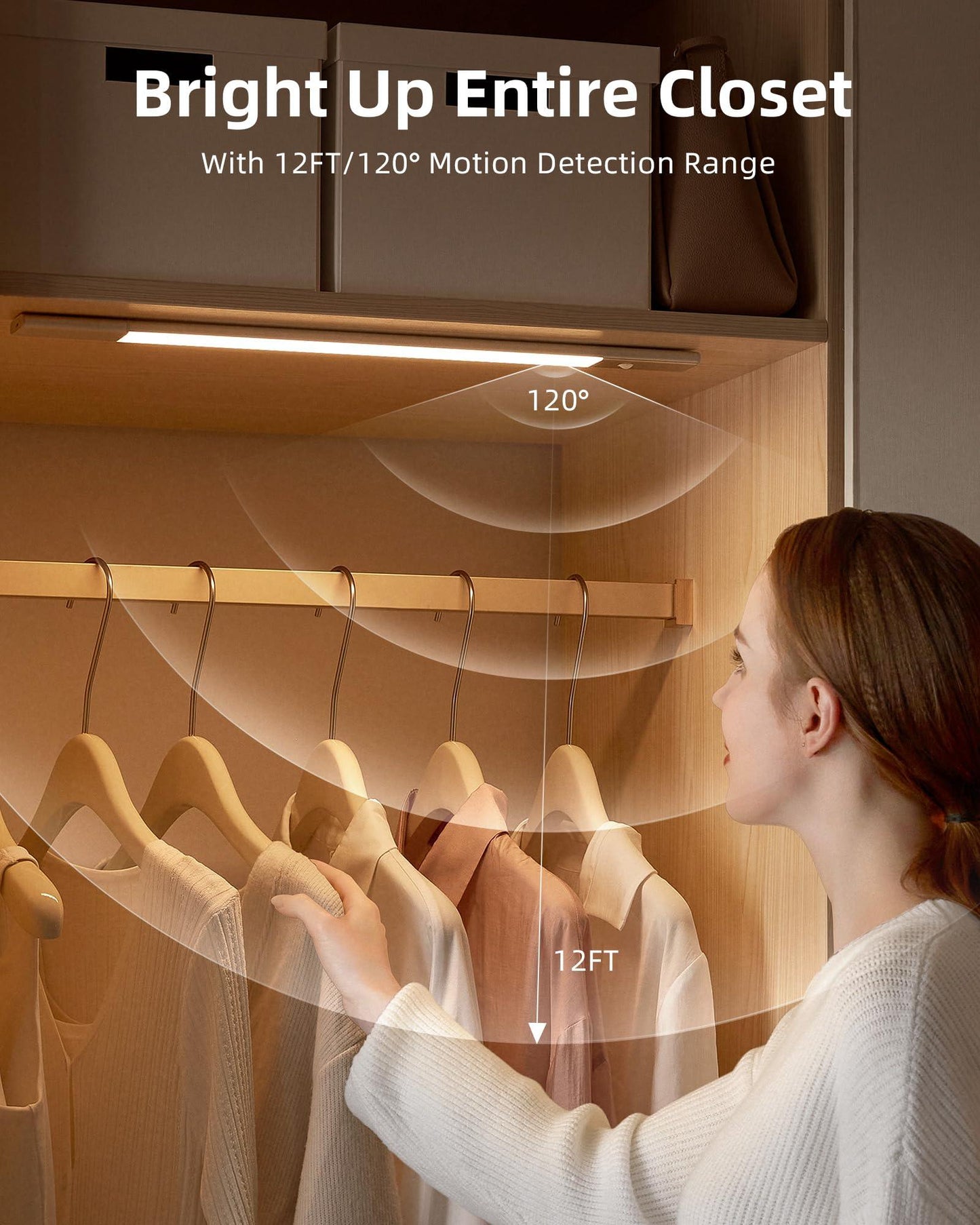 EZVALO Under Cabinet Lighting, 2200mAh Detachable Battery, 76 LEDs Dimmable Closet Lights, 3 Color Temps, Wireless Motion Sensor Light for Stairway, Kitchen, Wardrobe with 3 Battery.