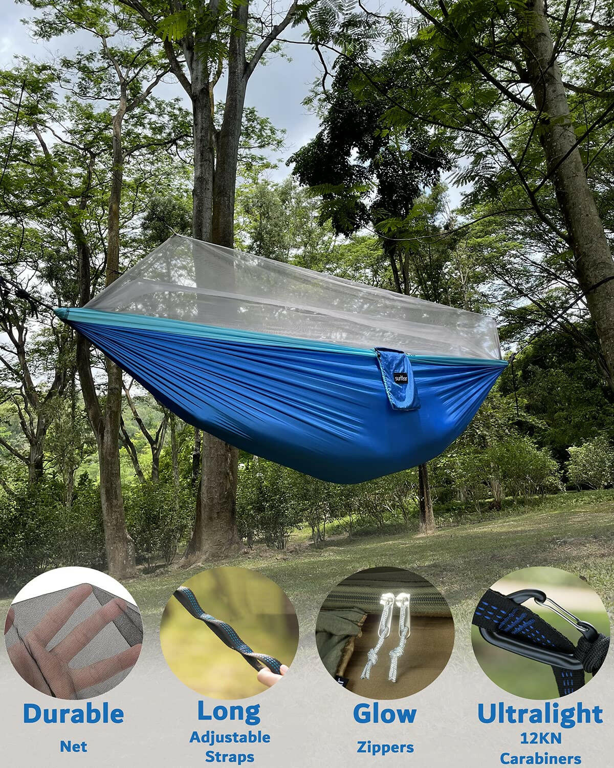 Sunyear Camping Hammock, Portable Double Hammock with Net, 2 Person Hammock Tent with 2 * 10ft Straps, Best for Outdoor Hiking Survival Travel