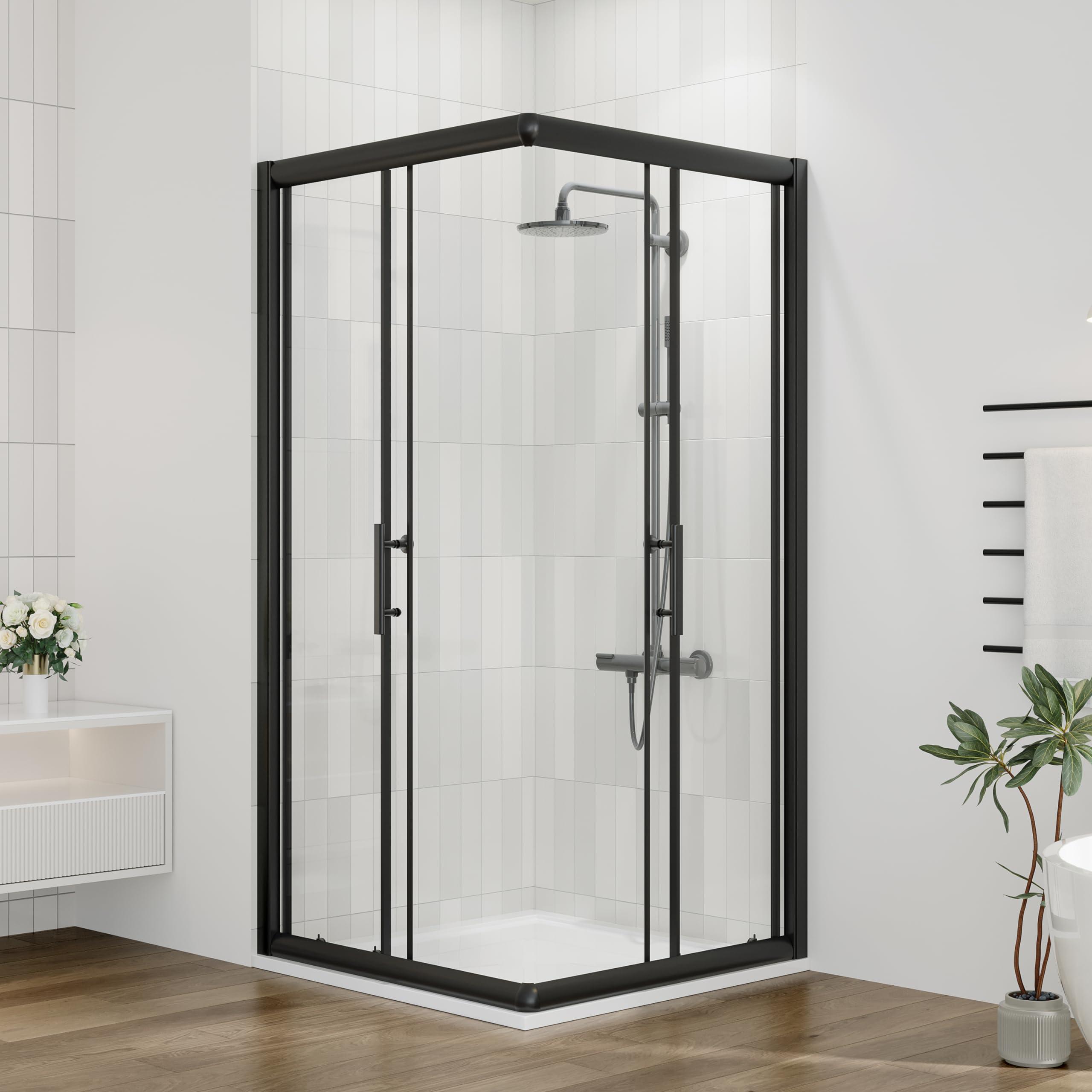 DELAVIN 36.in W x 36.in L x 75.in H Shower Enclosure, SGCC Clear Tempered Double Sliding Shower Door with Explosion-Proof Film, Corner Shower Glass Enclosure In Matte Black (Shower Base Not Included).