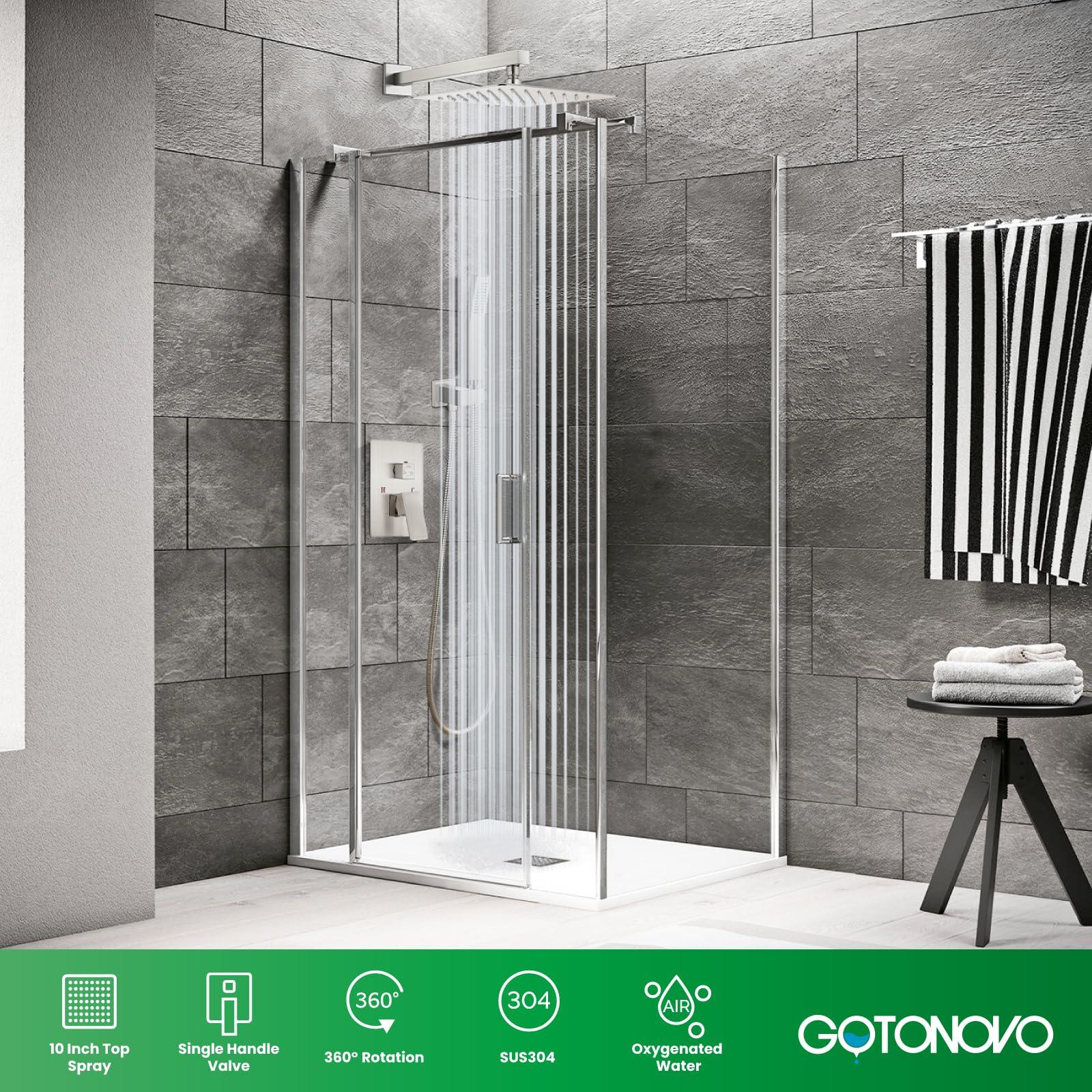 gotonovo Rainfall Bathroom Shower System Rain Shower Head and Handle Set Wall Mounted Shower Complete Combo Solid Brass Pressure Balancing Shower Mixer Valve 10 Inch Matte Black