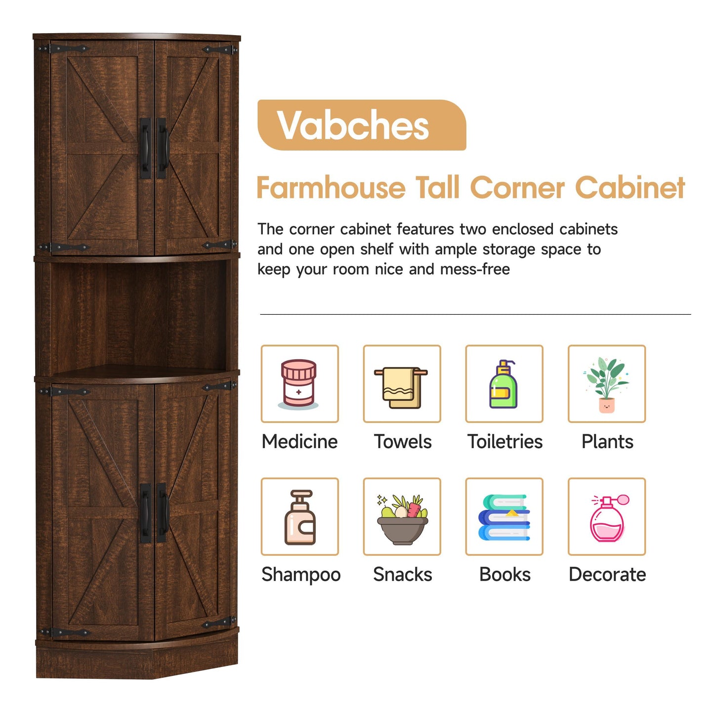 Vabches 64.8" Tall Farmhouse Corner Cabinet with 4 Doors and 5 Storage Shelves, Farmhouse Storage Cabinet with Barn Door Design, Home Space Saver for Living Room, Kitchen, Laundry Room,White.