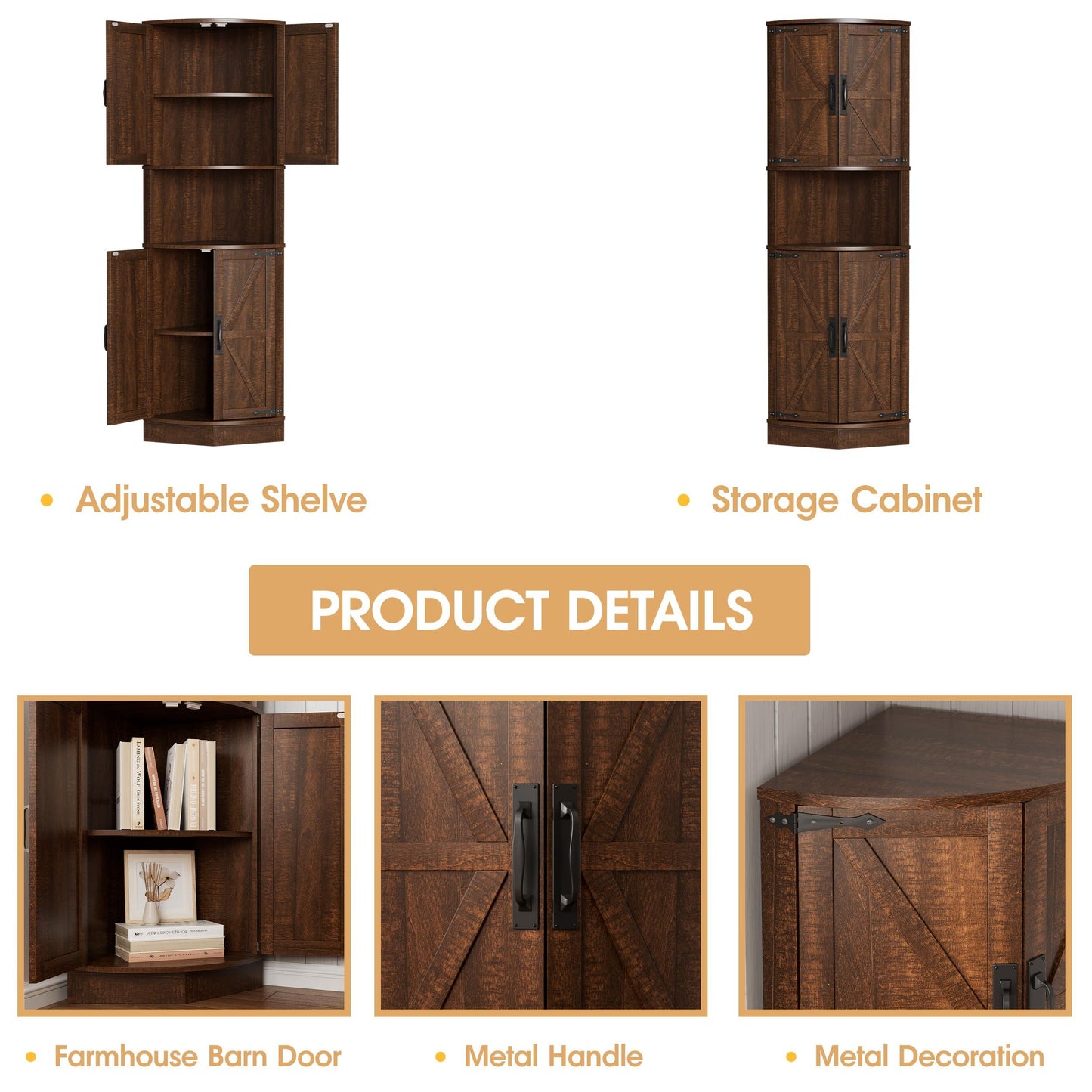 Vabches 64.8" Tall Farmhouse Corner Cabinet with 4 Doors and 5 Storage Shelves, Farmhouse Storage Cabinet with Barn Door Design, Home Space Saver for Living Room, Kitchen, Laundry Room,White.