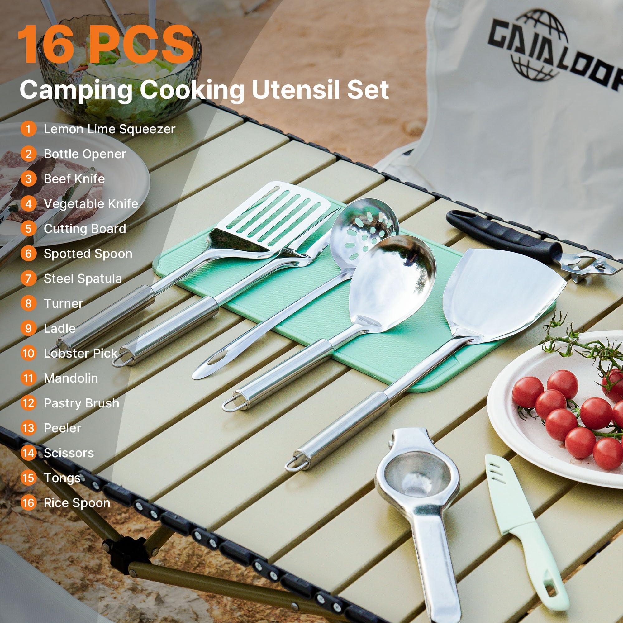 Camping Cooking Utensil Set 16 PCS (32 PCS) Camp Kitchen Utensils Kit with Organizer Case Bag, Portable RV Camping Cooking Essentials Accessories for Cookouts Stainless Steel