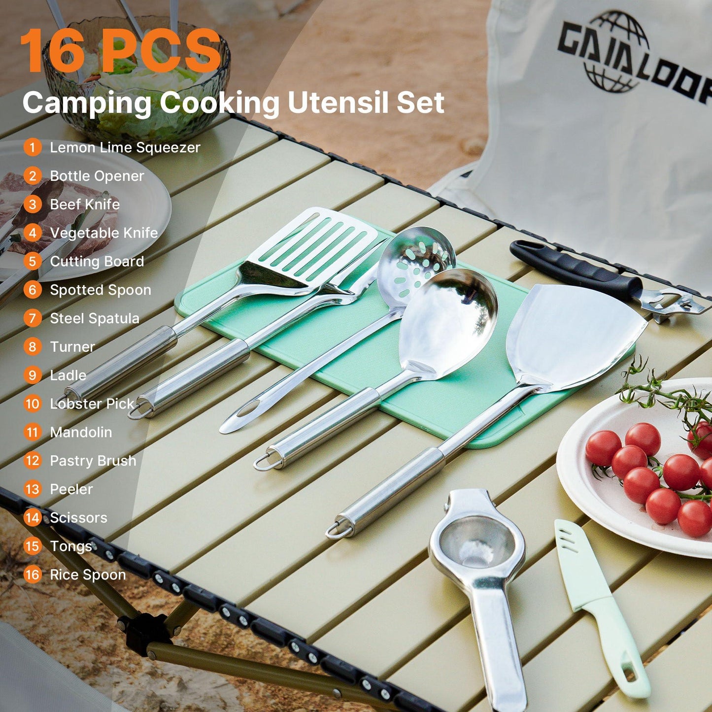 Camping Cooking Utensil Set 16 PCS (32 PCS) Camp Kitchen Utensils Kit with Organizer Case Bag, Portable RV Camping Cooking Essentials Accessories for Cookouts Stainless Steel