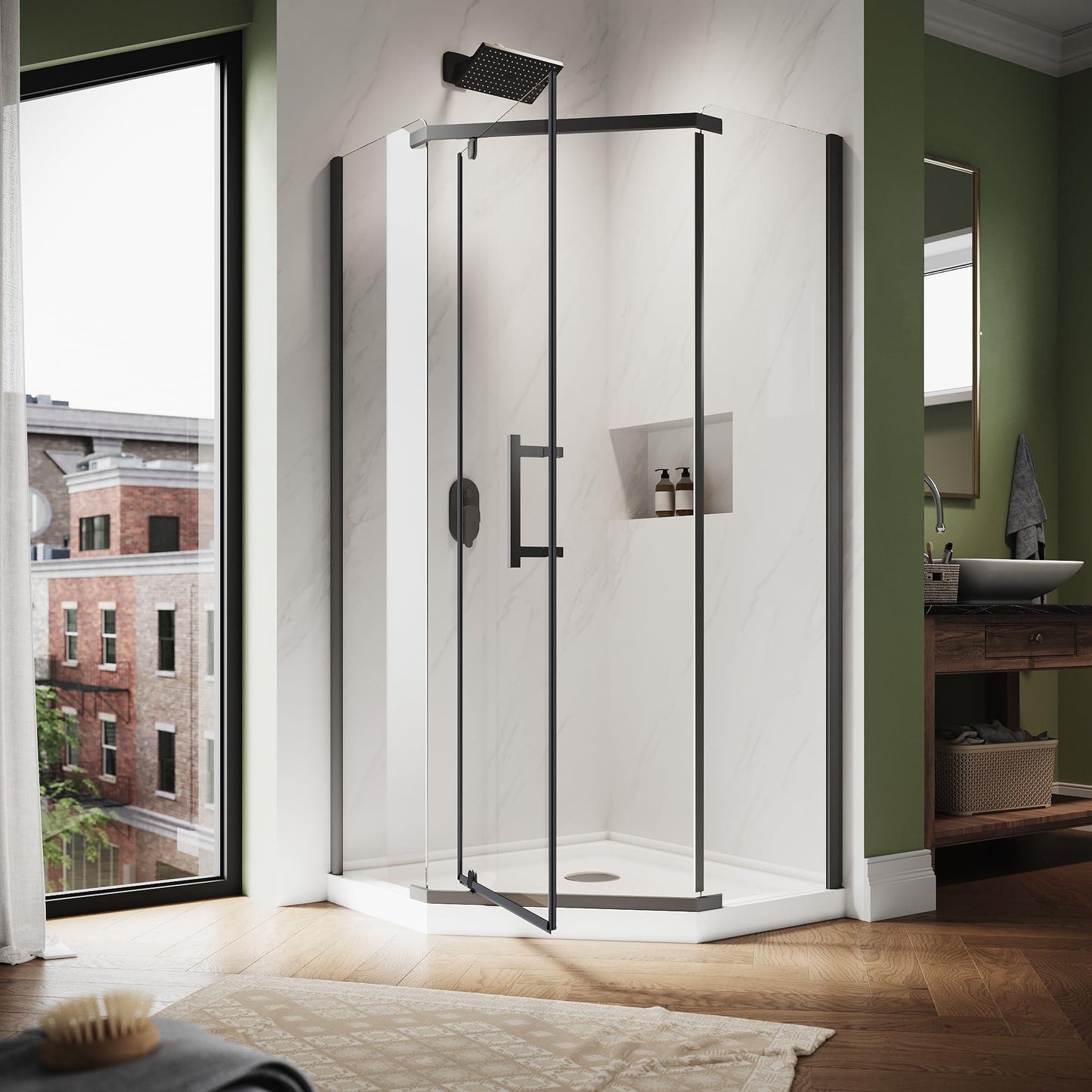 SUNNY SHOWER Double Sliding Shower Door 36.7 in. D x 36.7 in. W x 72 in.H Round Corner Shower doors with 1/4 in. Clear Glass Framed Shower Enclosure with Black Finish with Shower Base