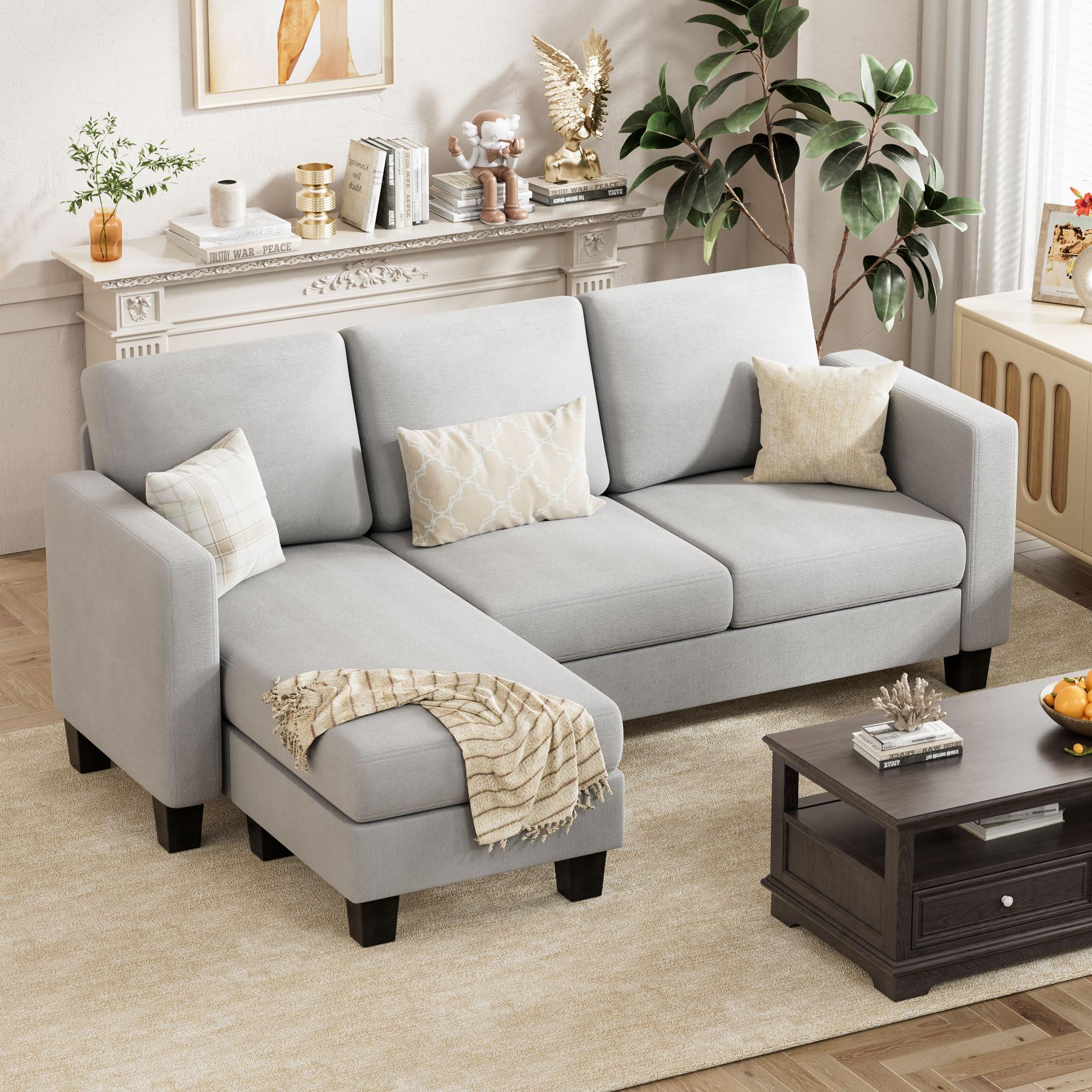 VICTONE Convertible Sectional Sofa Couch, 3 Seat L-Shaped Sofa with Linen Fabric Ottoman Small Couch for Small Apartments, Living Room and Office (Dark Gray).